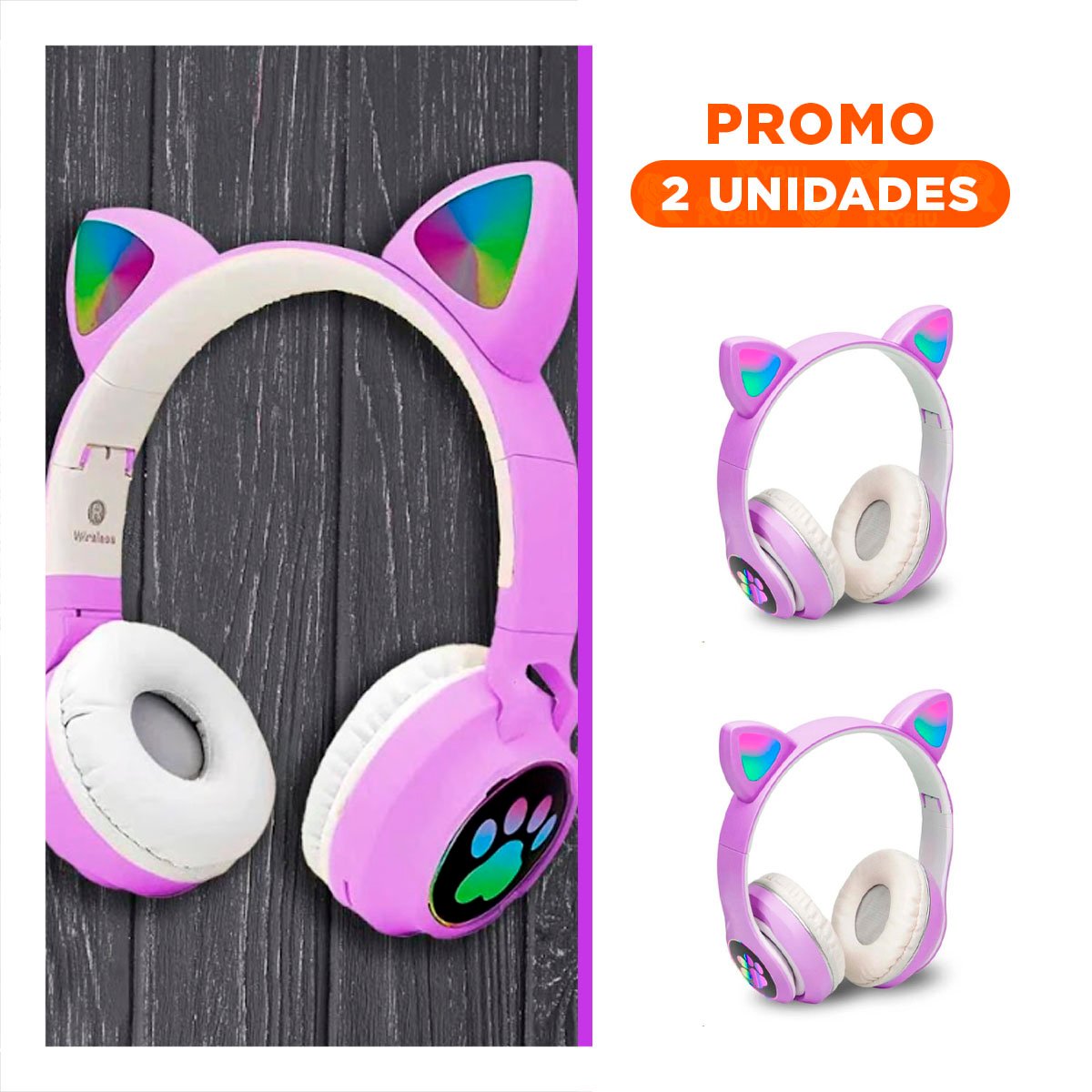 PACK2 AURICULAR BLUETOOTH TIPO GATO CON LUCES CON HUELLITAS PARA LLAMADAS COLOR MORADO - 1