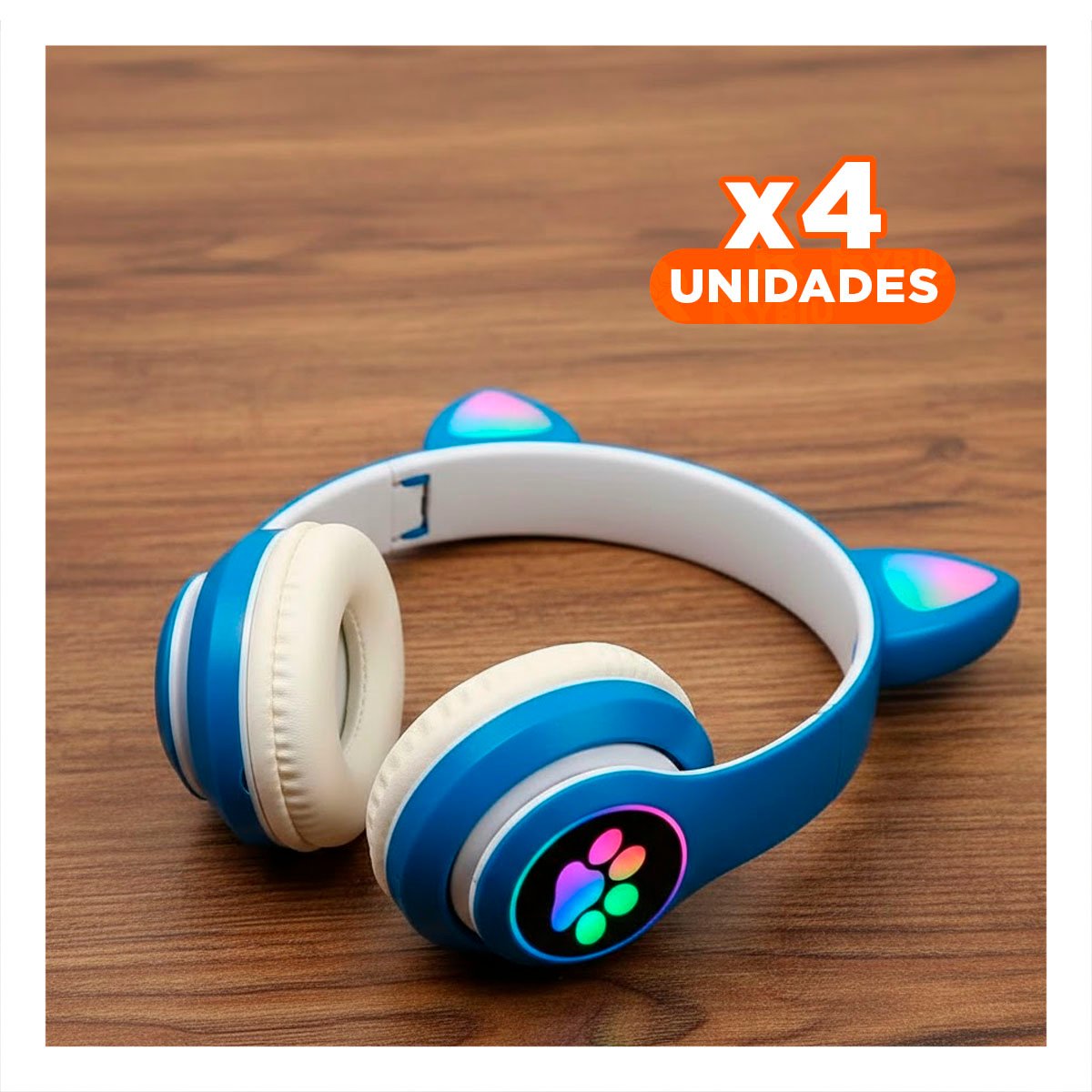 PACK4 AUDIFONOS DEPORTIVOS TIPO GATO CON LUCES CON HUELLITAS PARA RELAJACION AZUL - 1