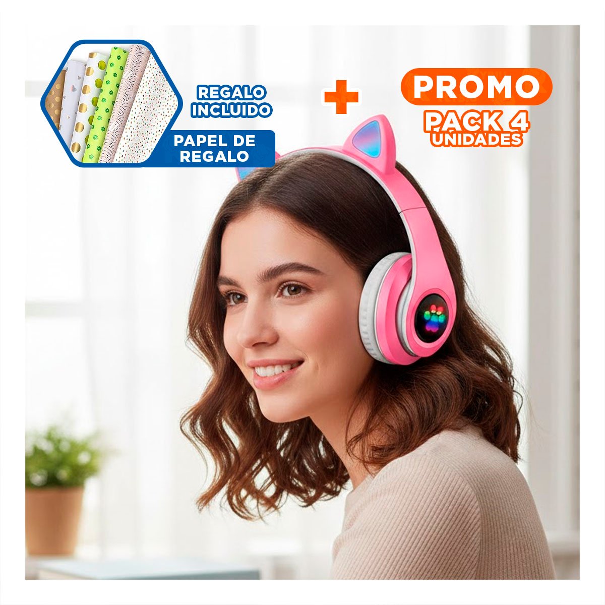 PACK4 AURICULAR STEREO TIPO GATO CON LUCES CON HUELLITAS PARA DIVERSION FUCSIA Y+PAPEL REGALO - 1