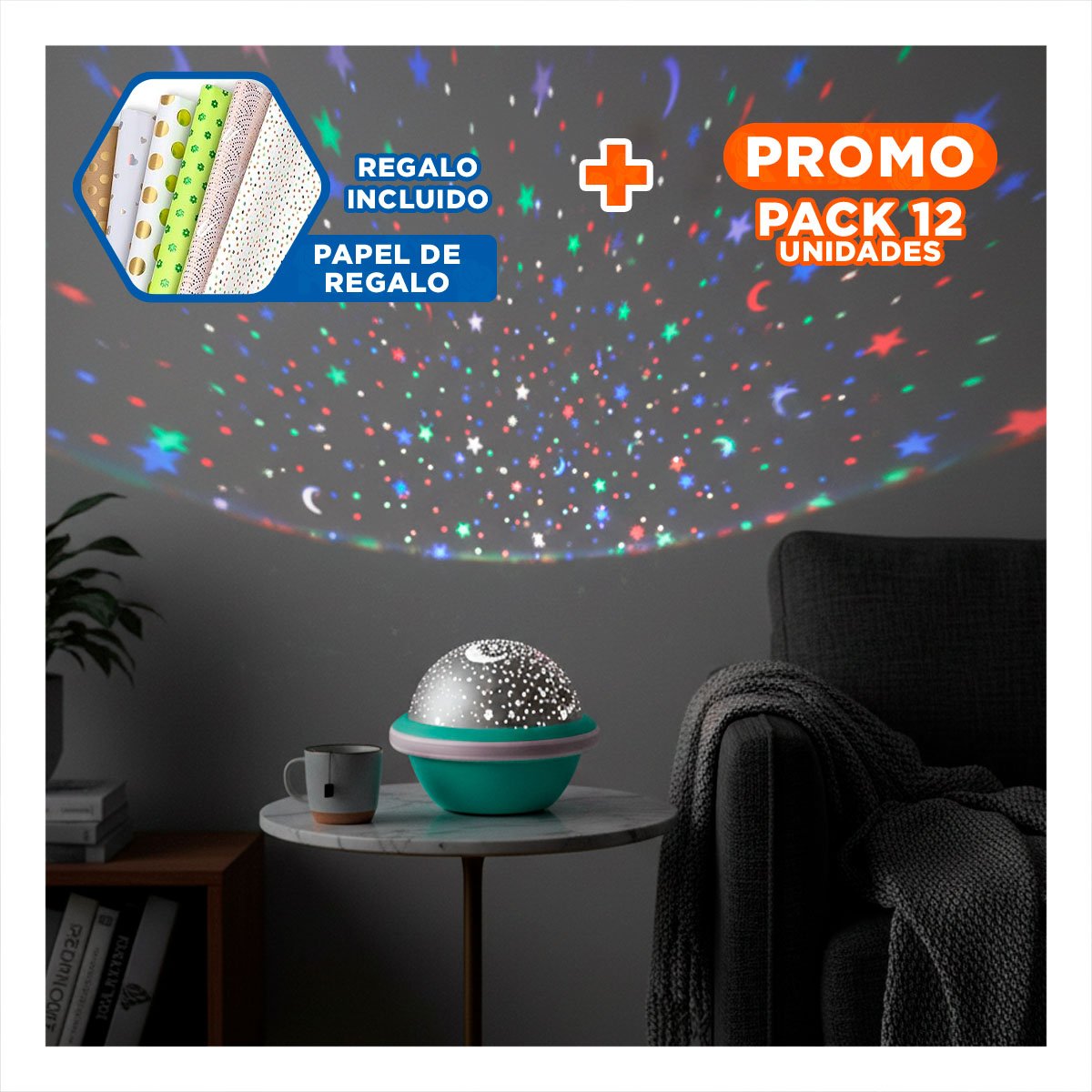 PACK12 FOCO AMBIENTAL GIRATORIO DE CIELO VERDE AGUA PARA CASA Y+PAPEL REGALO - 1