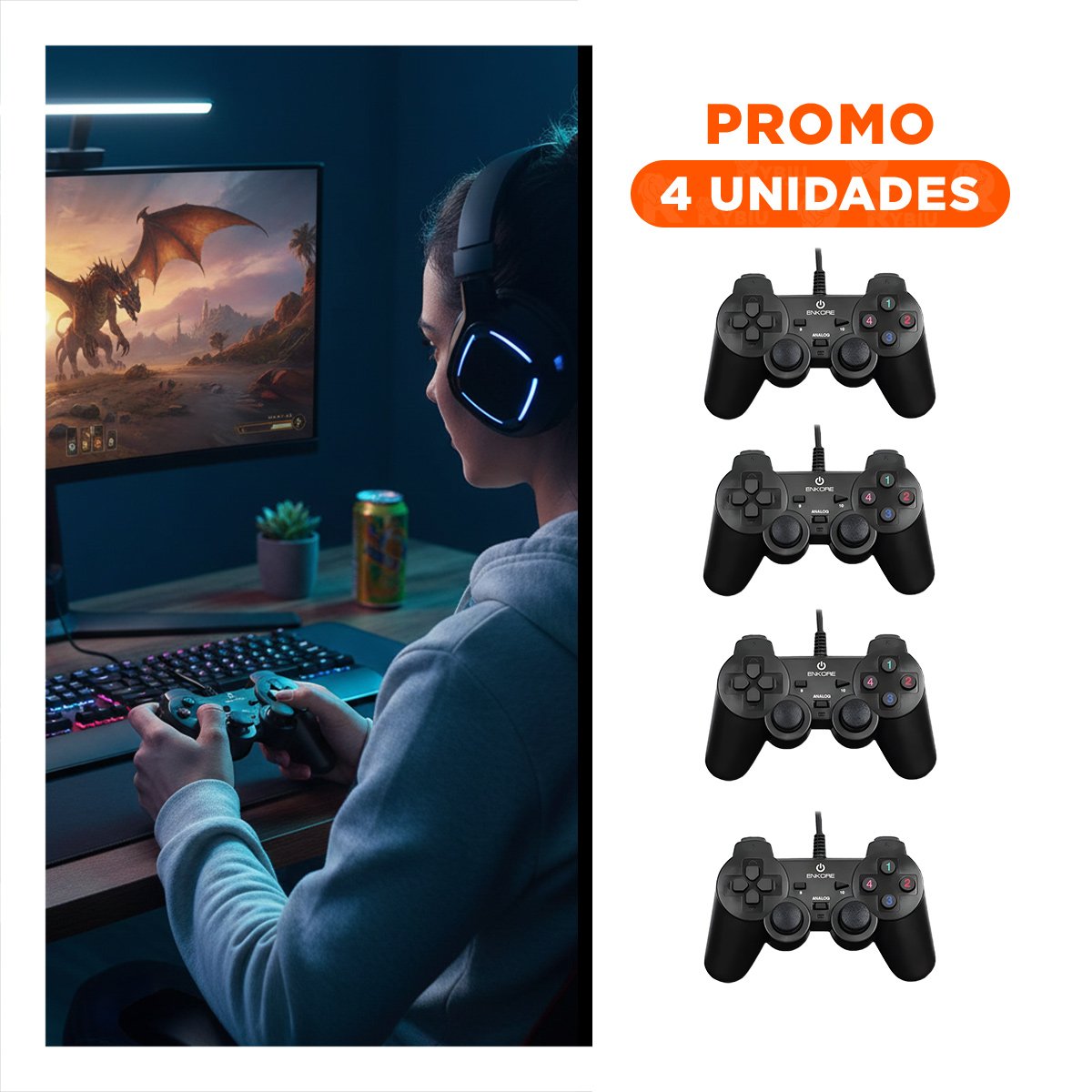 PACK4 CONTROL GAMER CON VIBRACION Y BOTONES MULTIFUNCION COLOR NEGRO Y+REGALO STICKER - 1