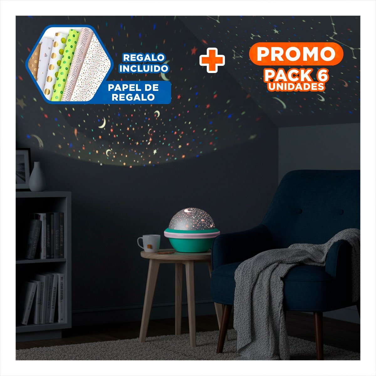 PACK6 FOCO DE NOCHE GIRATORIO DE GALAXIA COLOR VERDE AGUA Y+PAPEL REGALO - 1