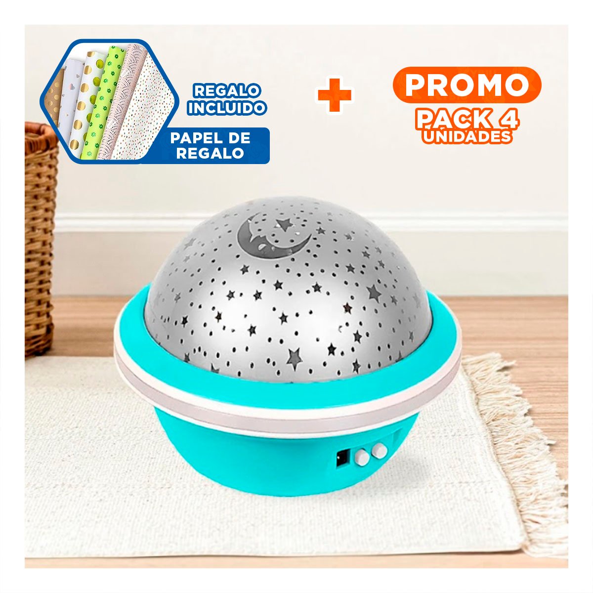 PACK4 FOCO LED GIRATORIO DE GALAXIA CELESTE PARA DORMITORIO Y+PAPEL REGALO - 1