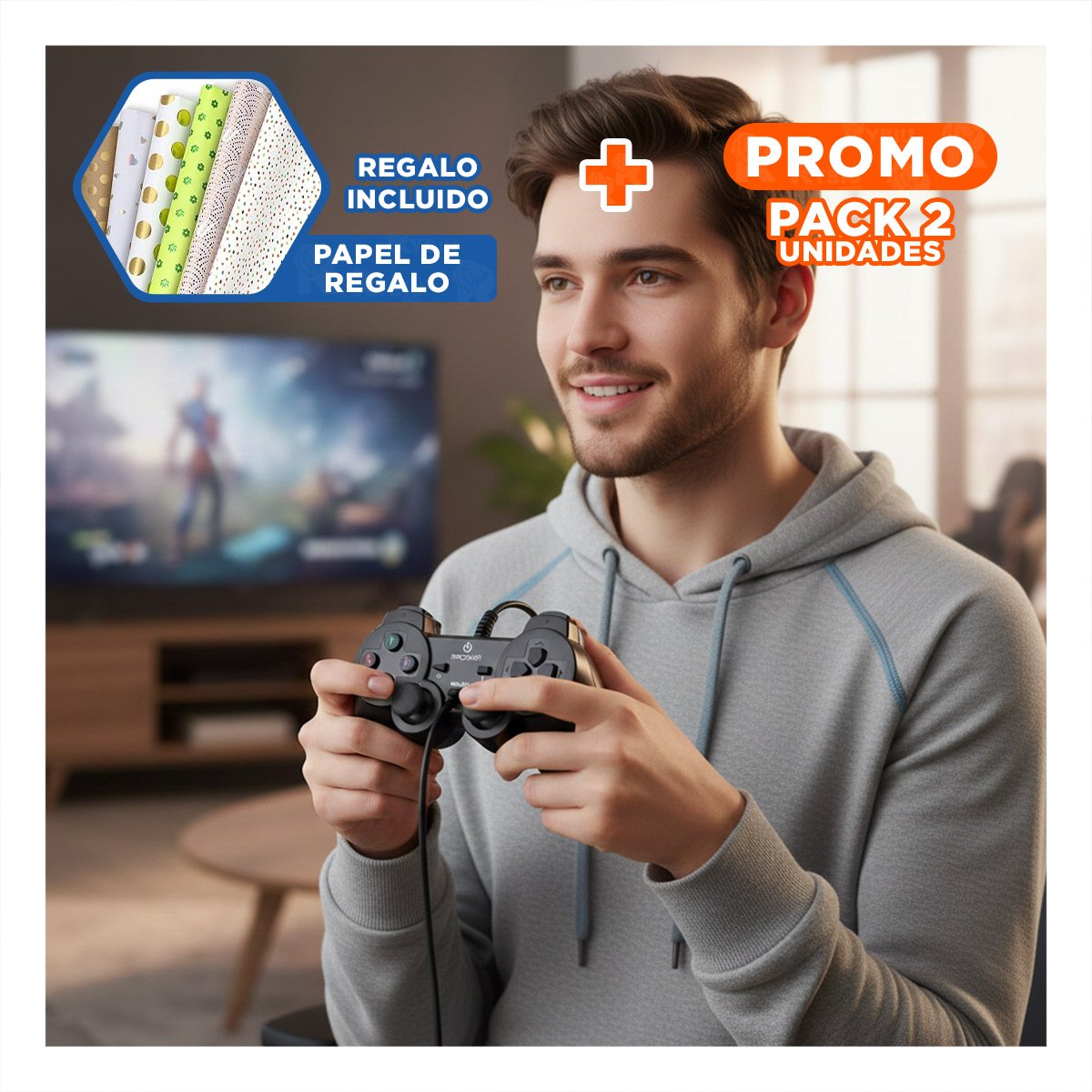 PACK2 CONTROL GAMER INALAMBRICO DE DISEÑO MODERNO Y COMODIDAD COLOR NEGRO Y+PAPEL REGALO - 1
