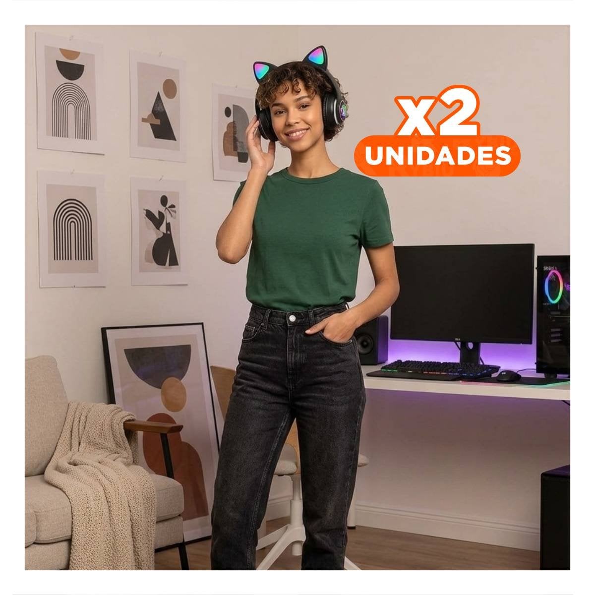 PACK2 CASCOS WIRELESS TIPO GATO CON LUCES CON HUELLITAS PARA MUSICA NEGRO Y+REGALO STICKER - 1