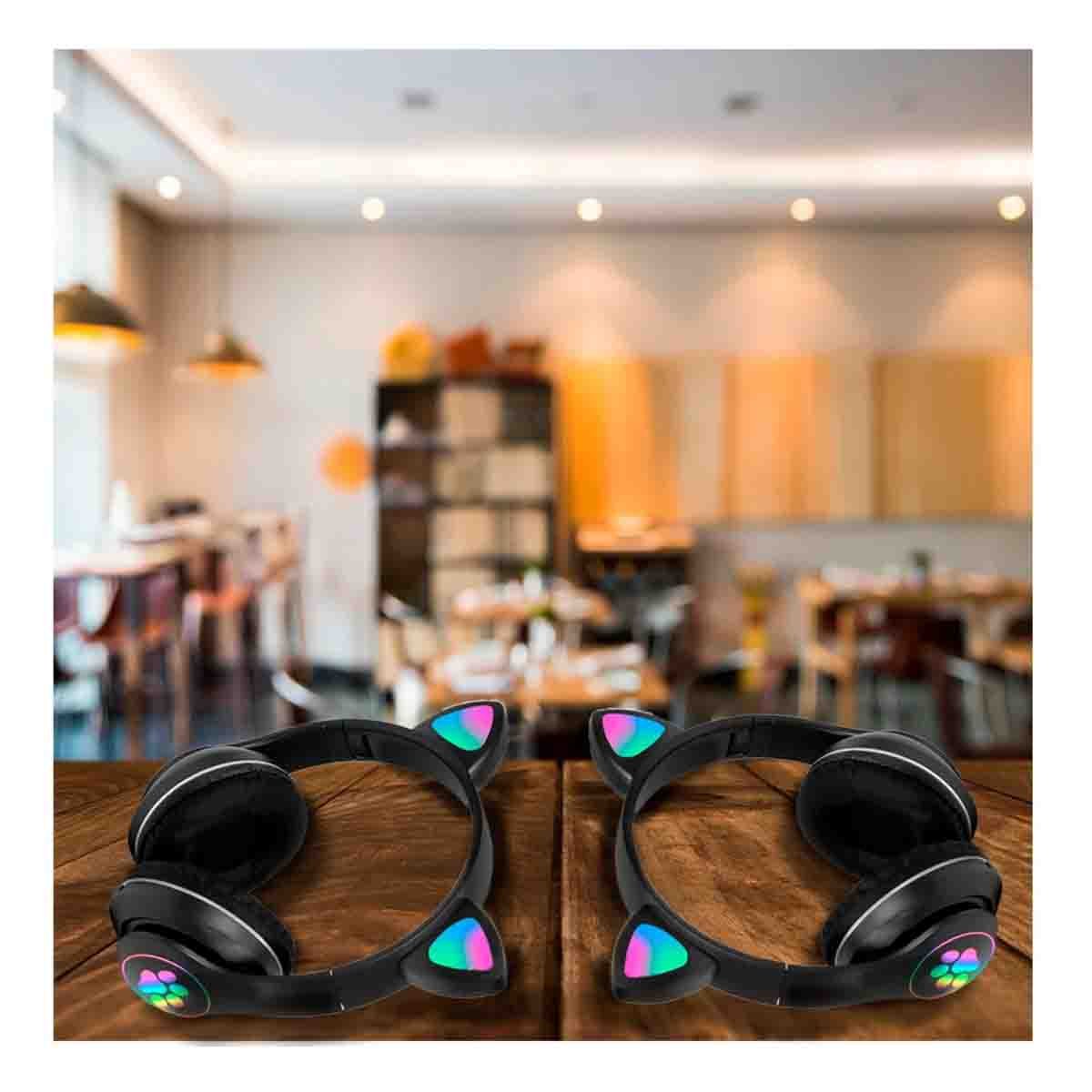 PACK2 CASCOS WIRELESS TIPO GATO CON LUCES CON HUELLITAS PARA MUSICA NEGRO Y+REGALO STICKER - 5