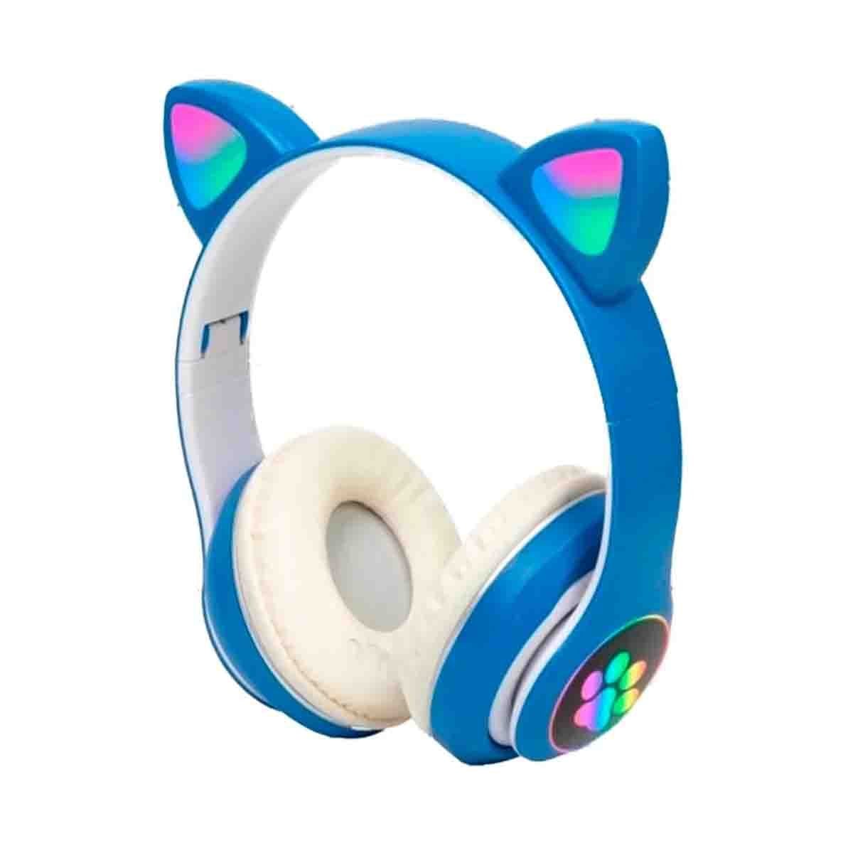 AURICULAR INALAMBRICO TIPO GATO CON LUCES CON HUELLITAS PARA EJERCICIOS AZUL Y+PAPEL REGALO - 1