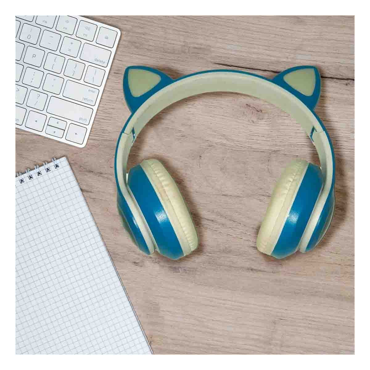AURICULAR INALAMBRICO TIPO GATO CON LUCES CON HUELLITAS PARA EJERCICIOS AZUL Y+PAPEL REGALO - 3
