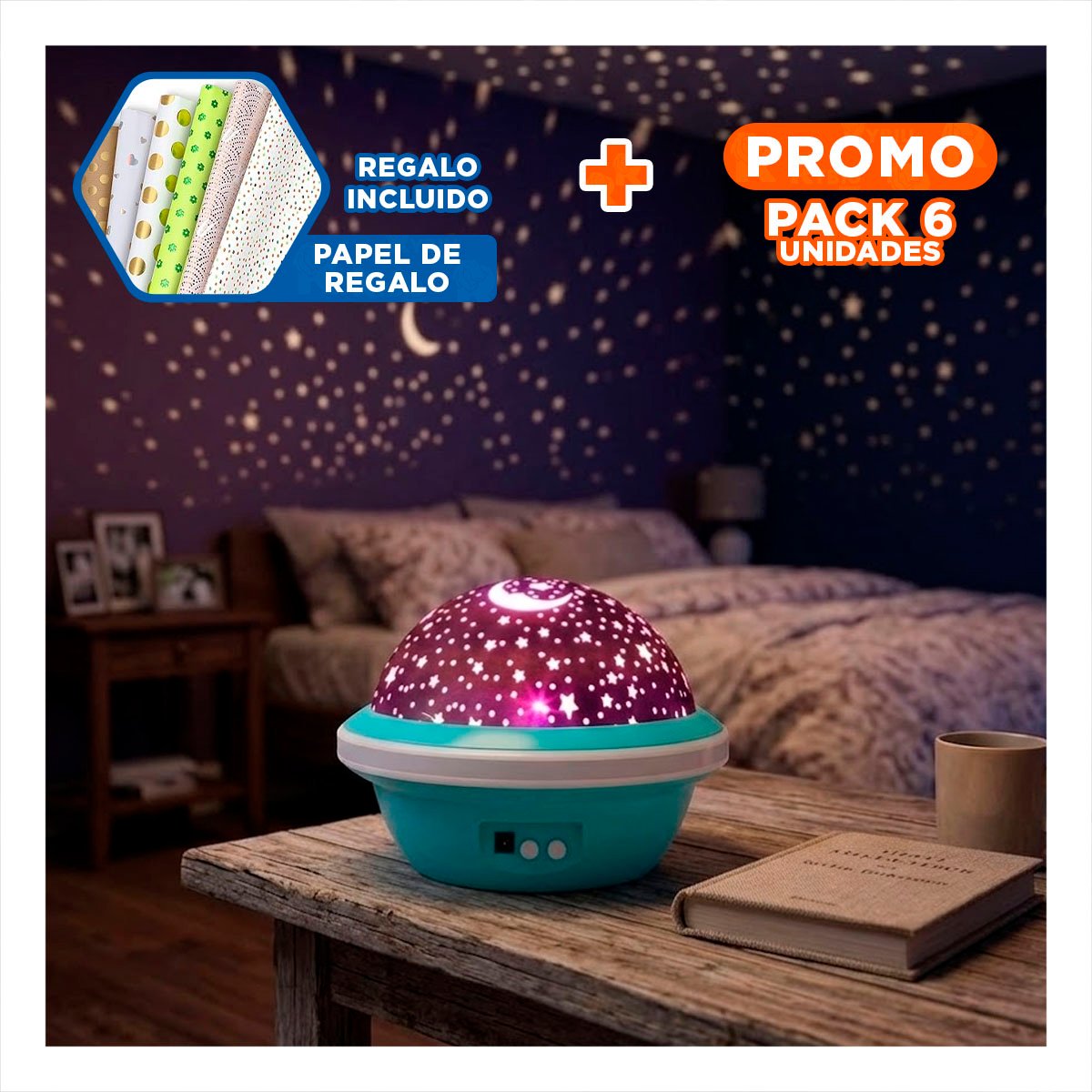 PACK6 FOCO DE NOCHE GIRATORIO DE GALAXIA COLOR CELESTE Y+PAPEL REGALO - 1