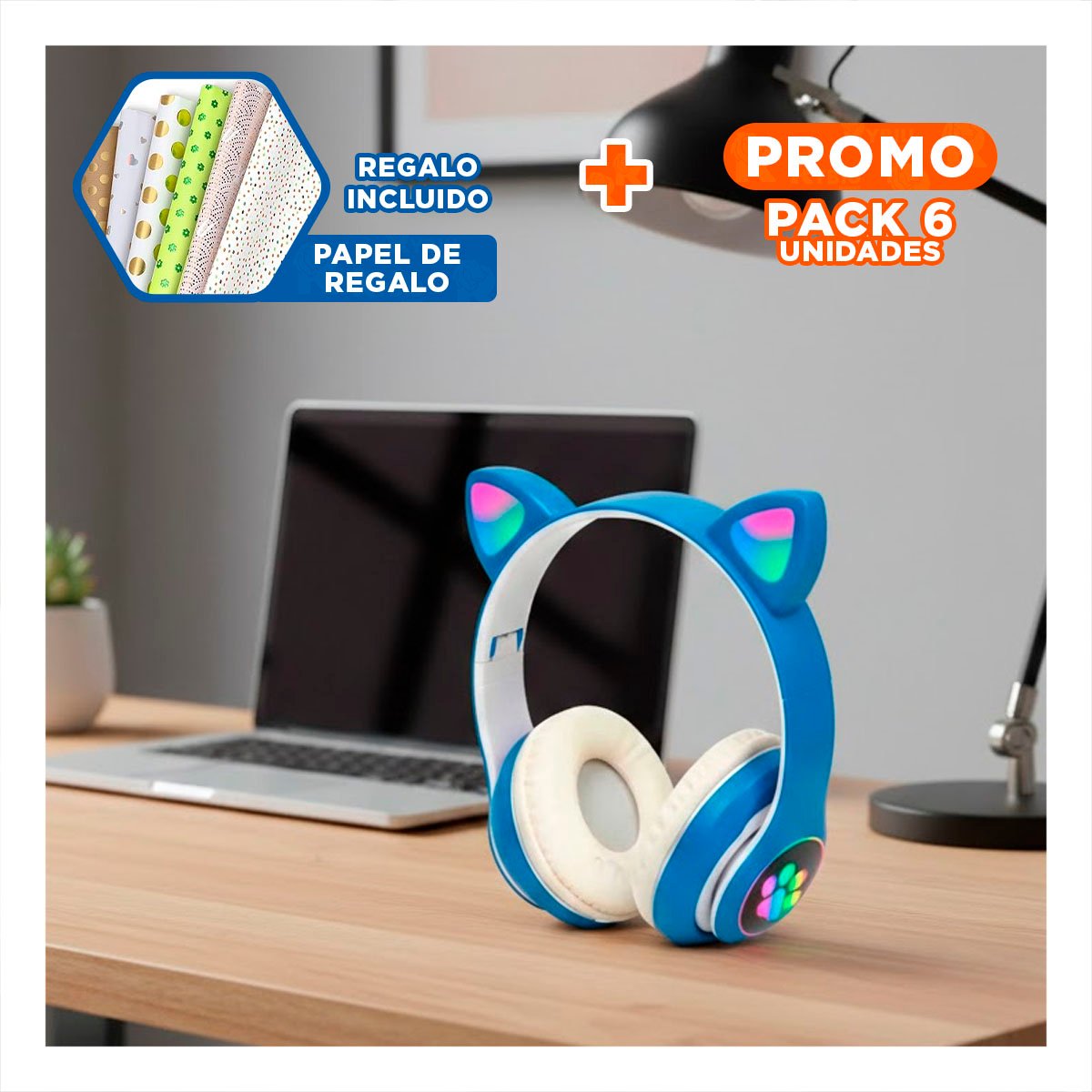 PACK6 AURICULAR WIRELESS TIPO GATO CON LUCES CON HUELLITAS PARA EJERCICIOS AZUL Y+PAPEL REGALO - 1
