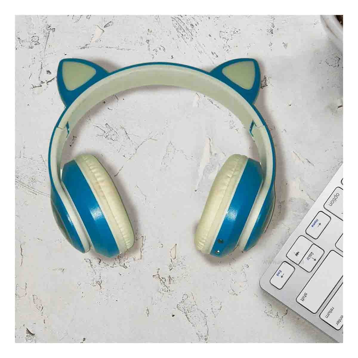 PACK6 AURICULAR WIRELESS TIPO GATO CON LUCES CON HUELLITAS PARA EJERCICIOS AZUL Y+PAPEL REGALO - 2