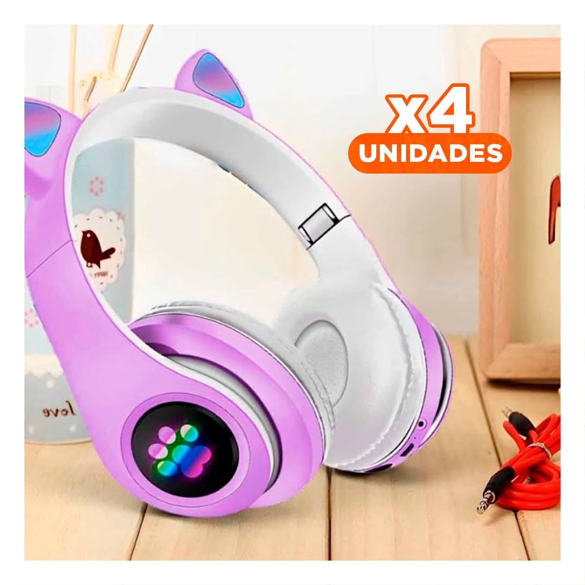 PACK4 AUDIFONOS DEPORTIVOS TIPO GATO CON LUCES CON HUELLITAS PARA JUEGO MORADO - 1