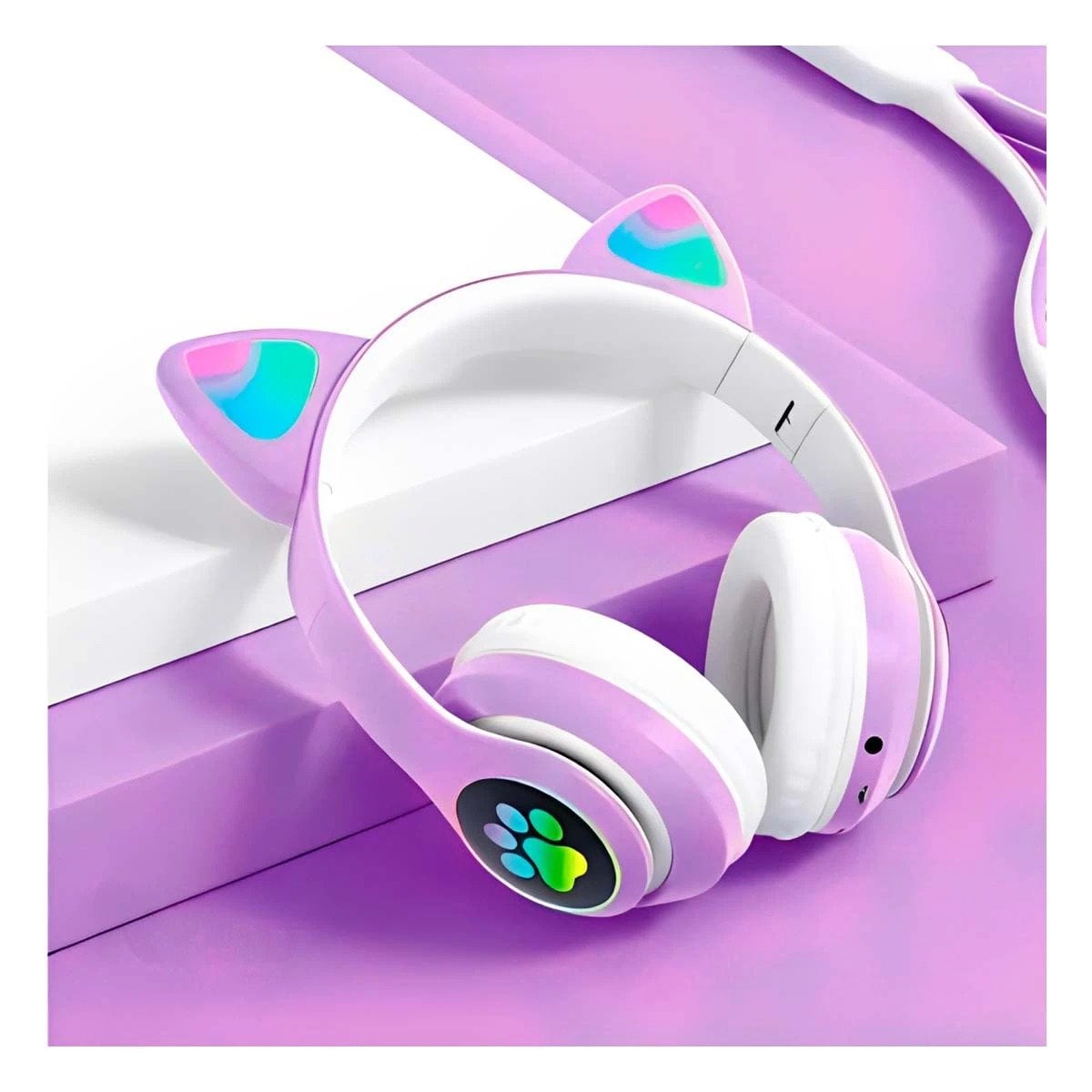 PACK4 AUDIFONOS DEPORTIVOS TIPO GATO CON LUCES CON HUELLITAS PARA JUEGO MORADO - 3