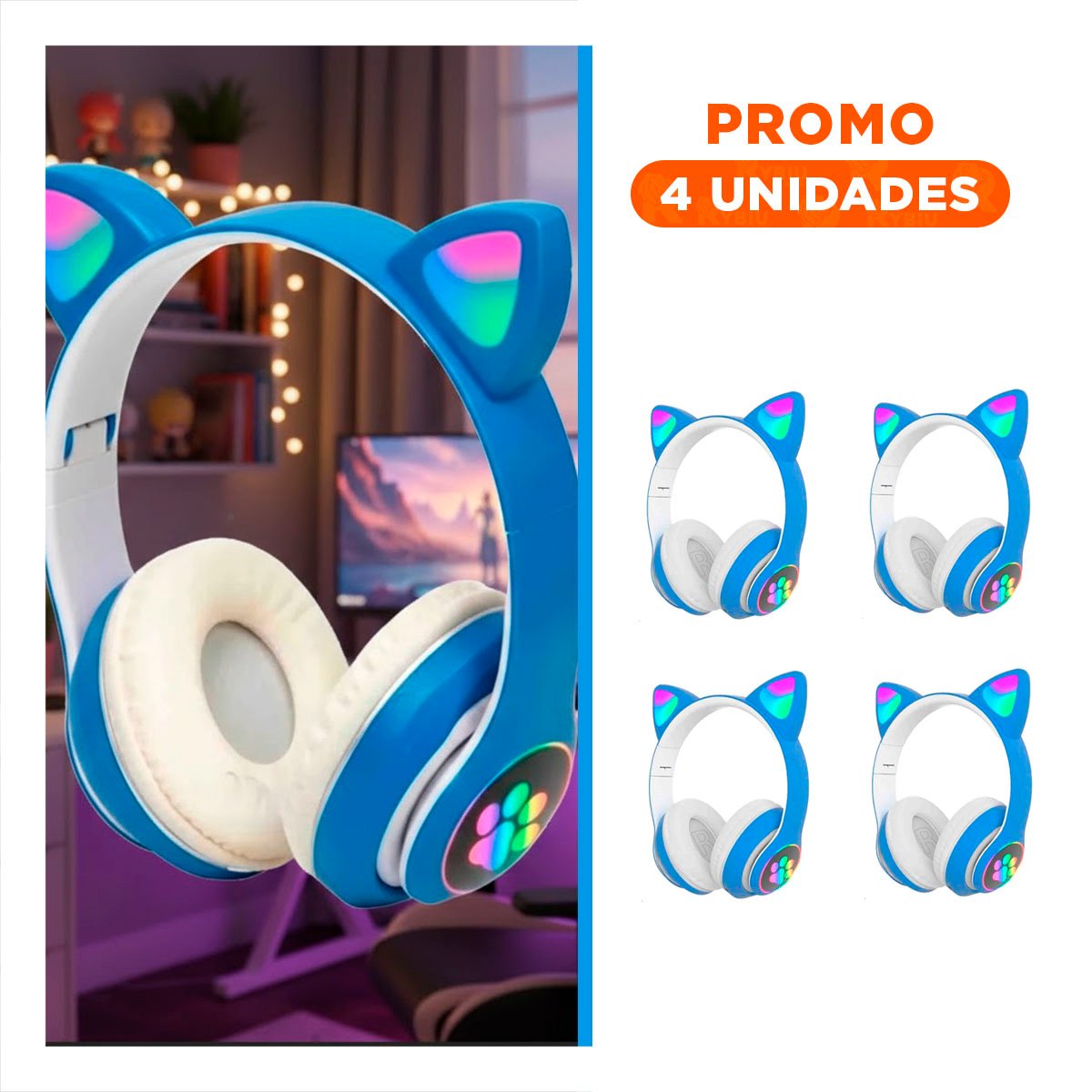 PACK4 HEADSET WIRELESS TIPO GATO CON LUCES CON HUELLITAS PARA ENTRENAR AZUL Y+REGALO STICKER - 1