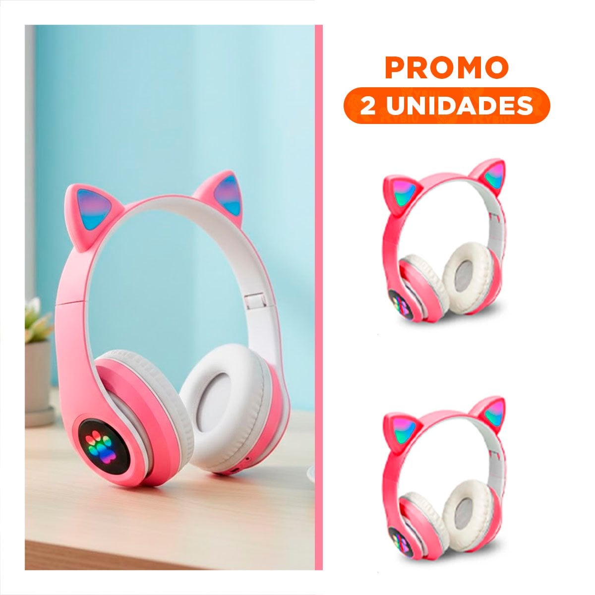 PACK2 AURICULAR BLUETOOTH TIPO GATO CON LUCES CON HUELLITAS PARA DIVERSION COLOR FUCSIA - 1