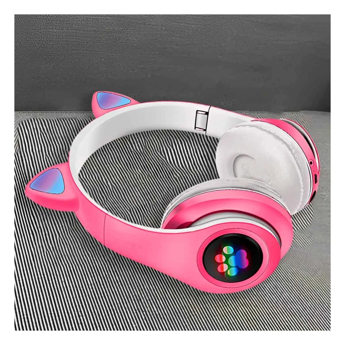 PACK2 AURICULAR BLUETOOTH TIPO GATO CON LUCES CON HUELLITAS PARA DIVERSION COLOR FUCSIA - 5