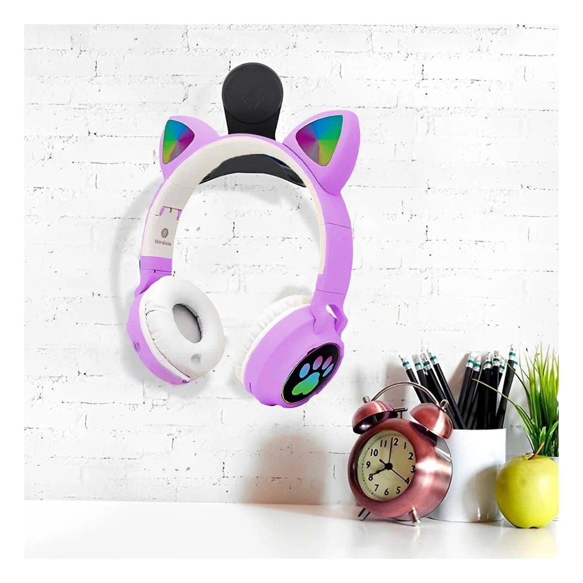PACK4 HEADSET WIRELESS TIPO GATO CON LUCES CON HUELLITAS PARA MUSICA MORADO Y+REGALO STICKER - 5