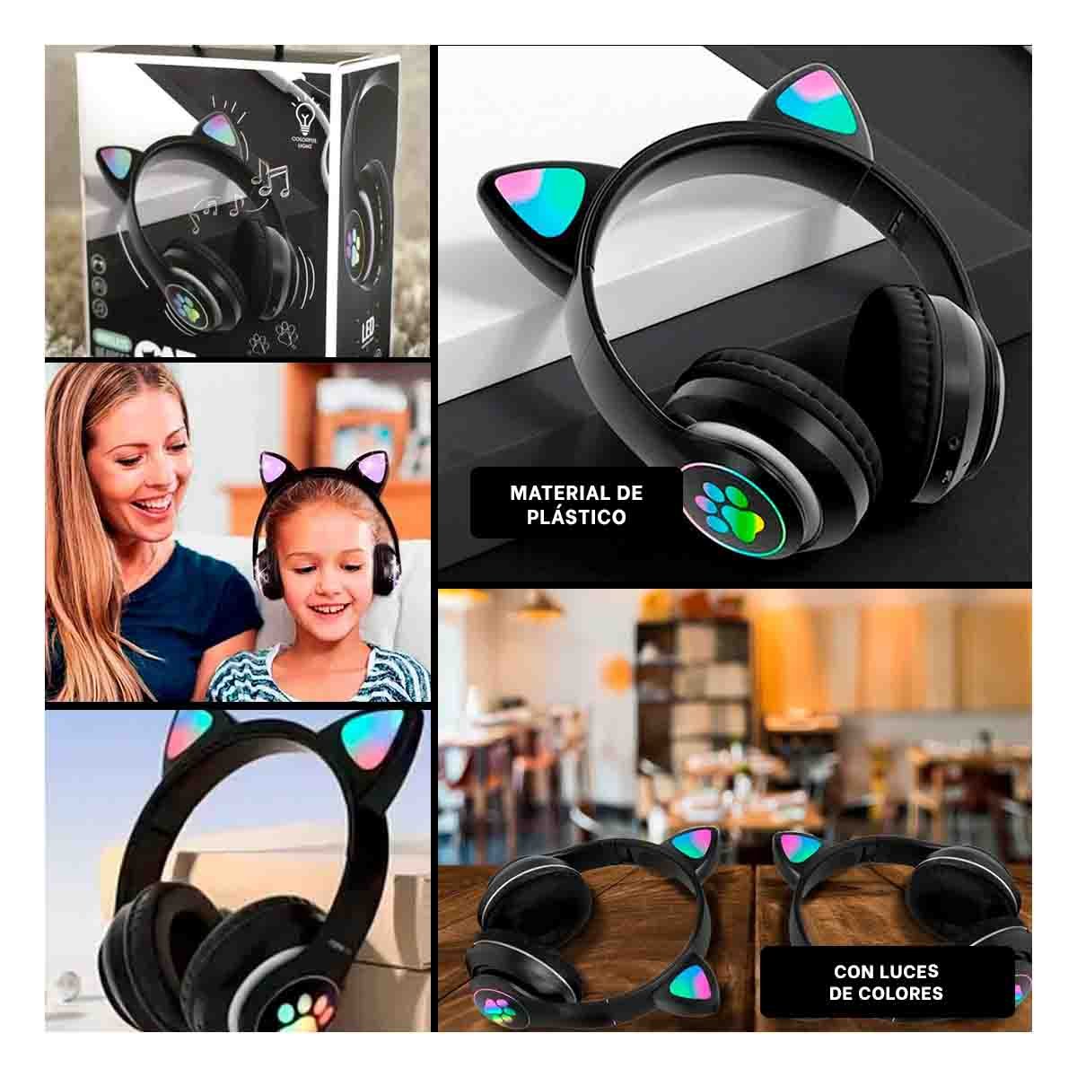 PACK6 AURICULAR WIRELESS TIPO GATO CON LUCES CON HUELLITAS PARA MUSICA NEGRO Y+PAPEL REGALO - 3
