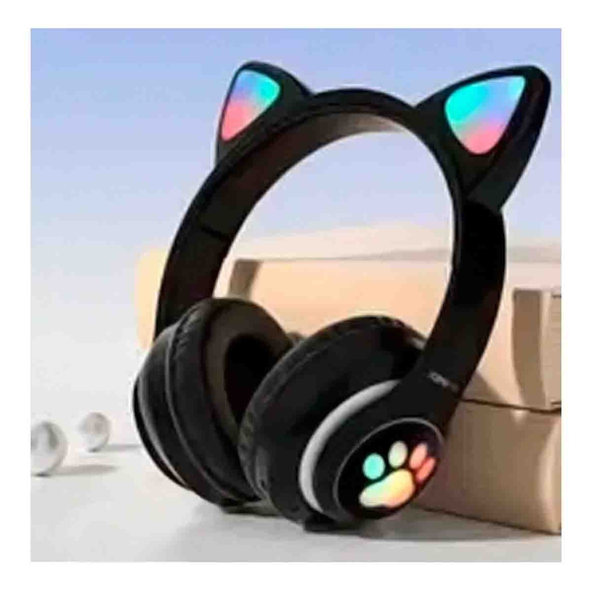 PACK6 AURICULAR WIRELESS TIPO GATO CON LUCES CON HUELLITAS PARA MUSICA NEGRO Y+PAPEL REGALO - 5