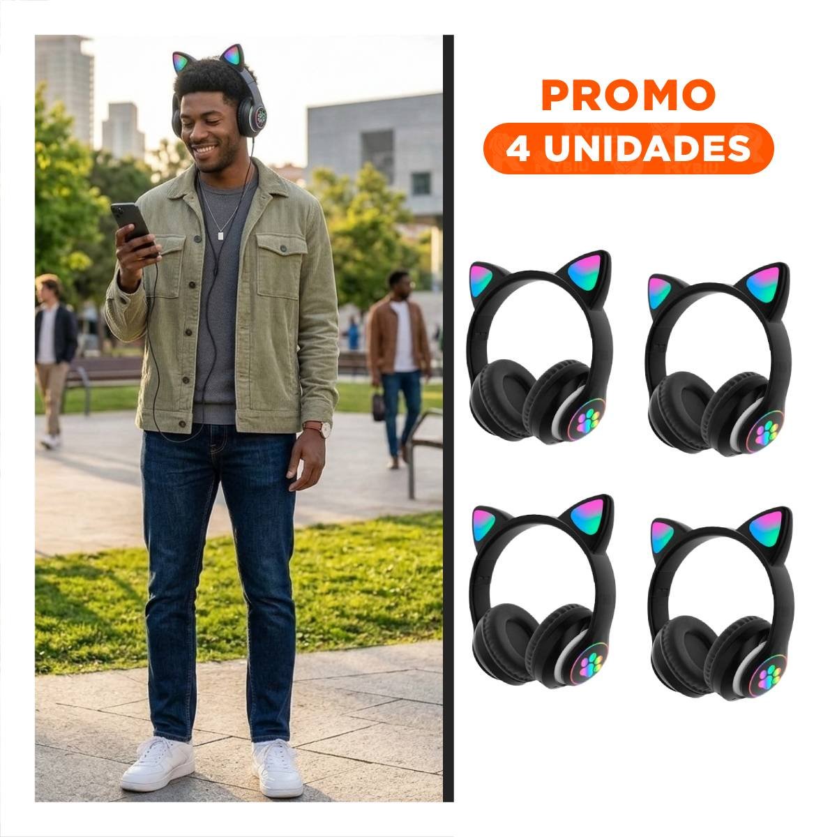 PACK4 HEADSET WIRELESS TIPO GATO CON LUCES CON HUELLITAS PARA ENTRENAR NEGRO Y+REGALO STICKER - 1