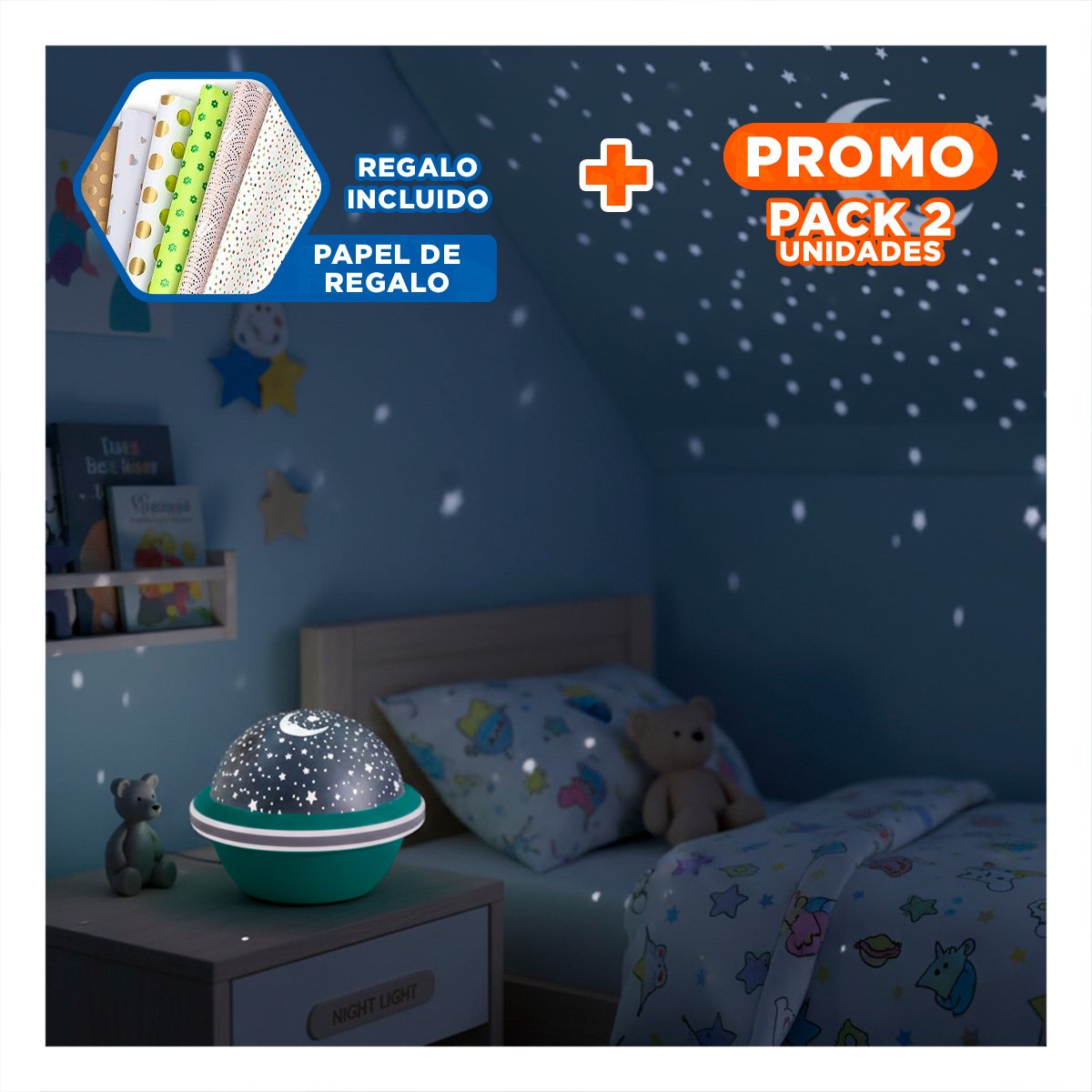 PACK2 LUZ DE NOCHE GIRATORIA DE CIELO COLOR VERDE AGUA LED Y+PAPEL REGALO - 1