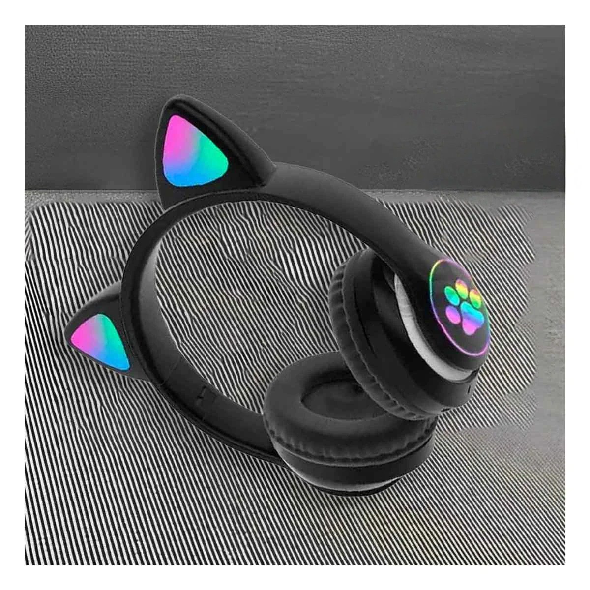 PACK6 HEADSET BLUETOOTH TIPO GATO CON LUCES CON HUELLITAS PARA LLAMADAS NEGRO Y+REGALO STICKER - 3