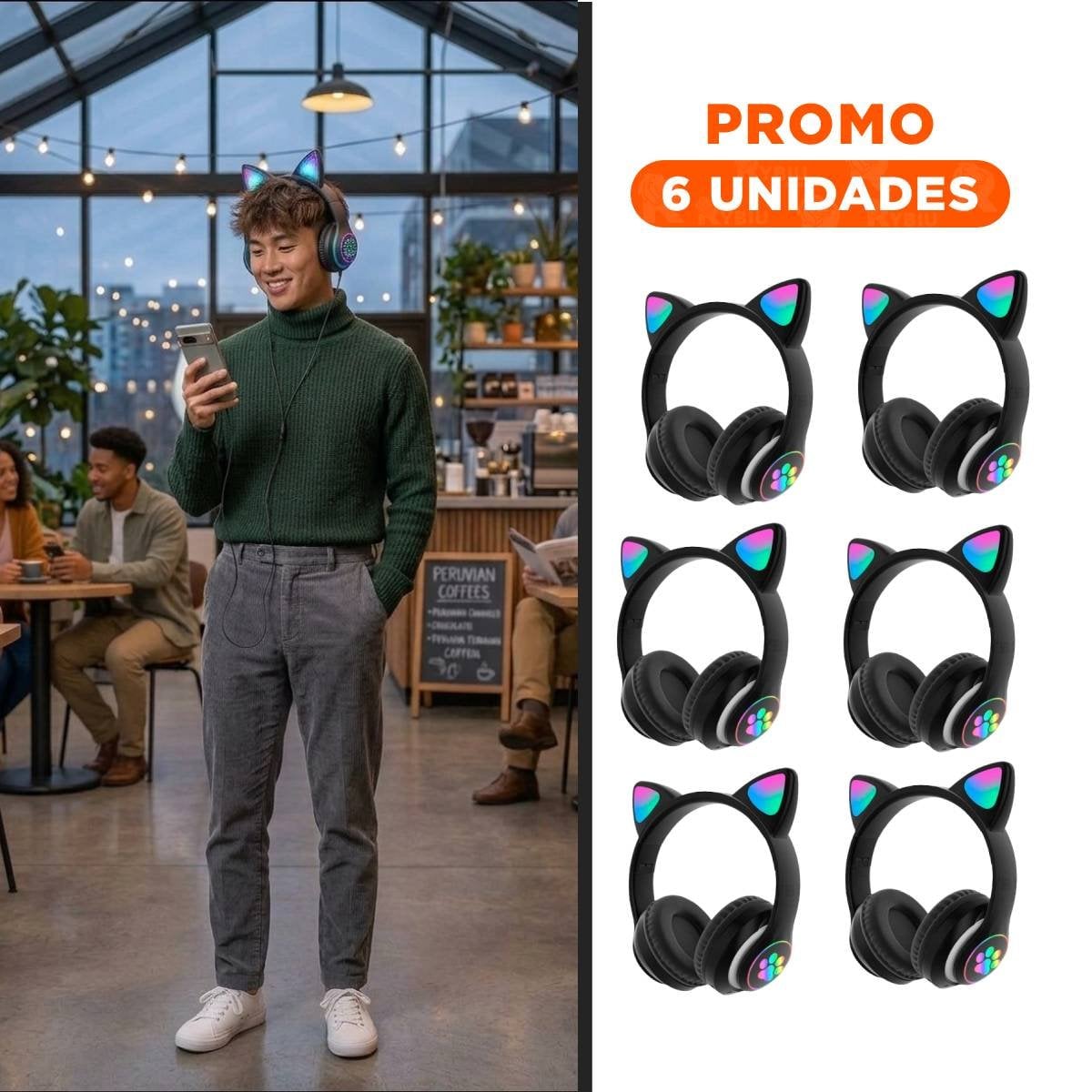 PACK6 AUDIFONOS INALAMBRICO TIPO GATO CON LUCES CON HUELLITAS PARA ACTIVIDAD COLOR NEGRO - 1