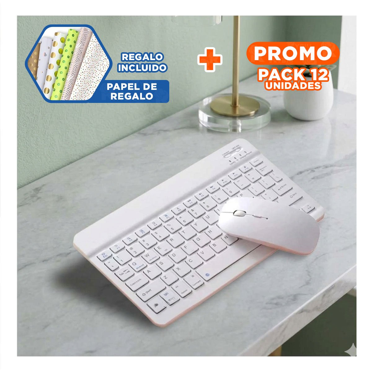 PACK12 UNIDAD TECLADO INALAMBRICO Y MOUSE BLANCO PORTATIL USO DIARIO CASA Y+PAPEL REGALO - 1