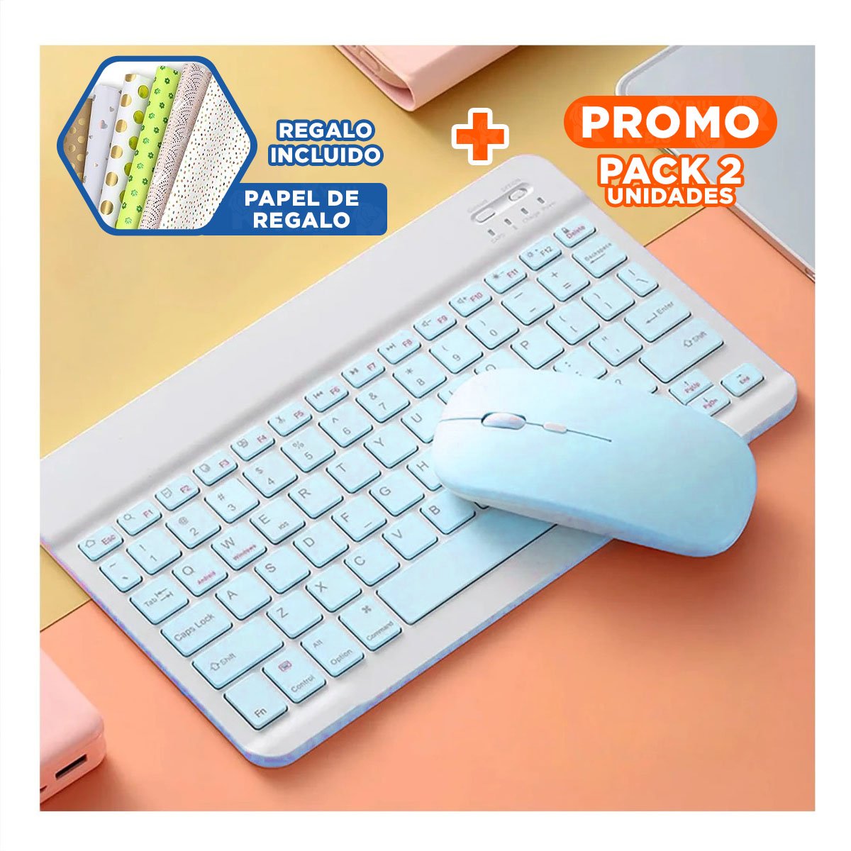 PACK2 PACK TECLADO Y MOUSE CELESTE INALAMBRICO AVANZADO LIGERO Y EFICIENTE Y+PAPEL REGALO - 1