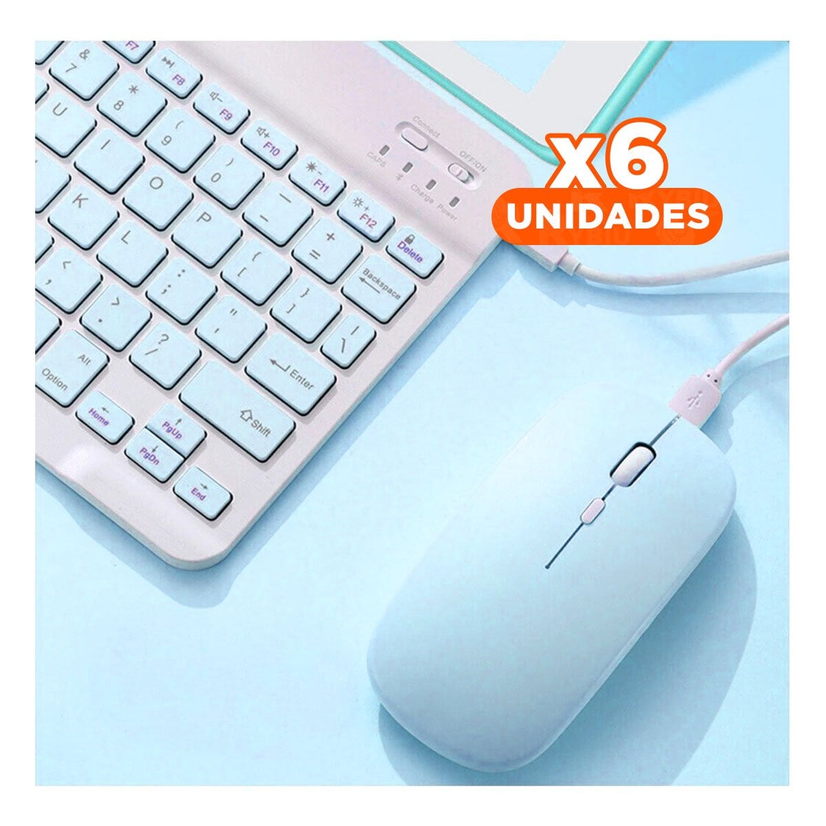 PACK6 DISPOSITIVO TECLADO CELESTE Y MOUSE INALAMBRICO MODERNO PORTATIL SEGURO Y+REGALO STICKER - 1
