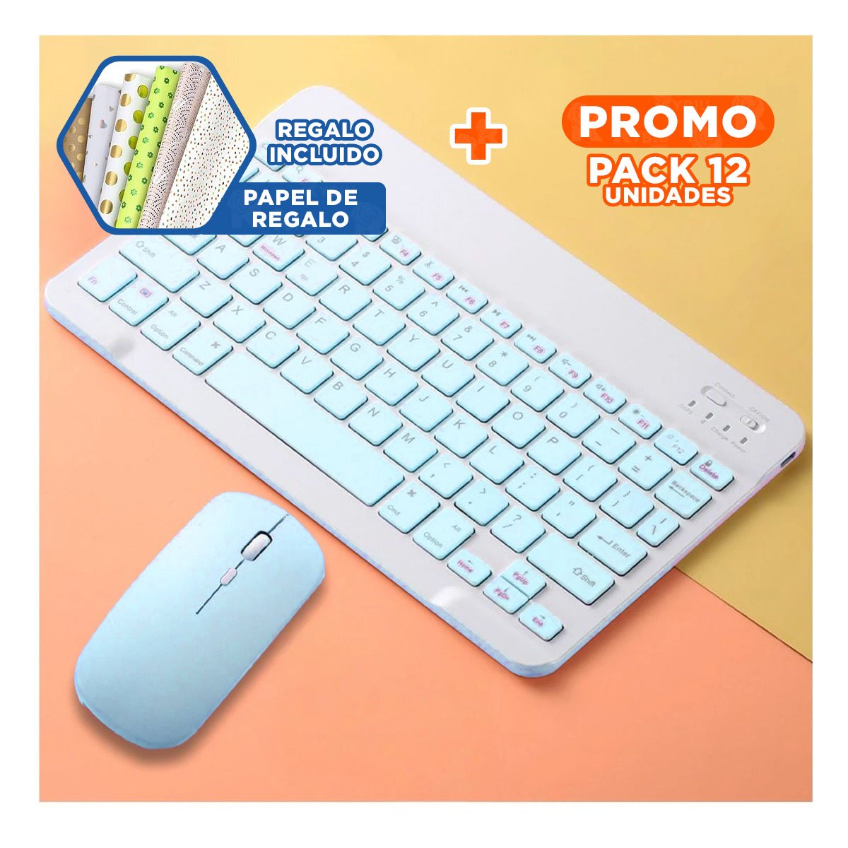 PACK12 DISPOSITIVO TECLADO Y MOUSE CELESTE INALAMBRICO ERGONOMICO MODERNO Y+PAPEL REGALO - 1