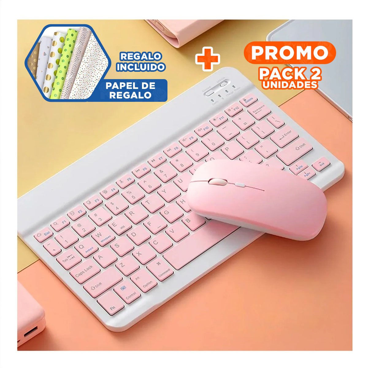 PACK2 EQUIPO MOUSE INALAMBRICO Y TECLADO ROSADO PORTATIL SALA ESTUDIO Y JUEGOS Y+PAPEL REGALO - 1