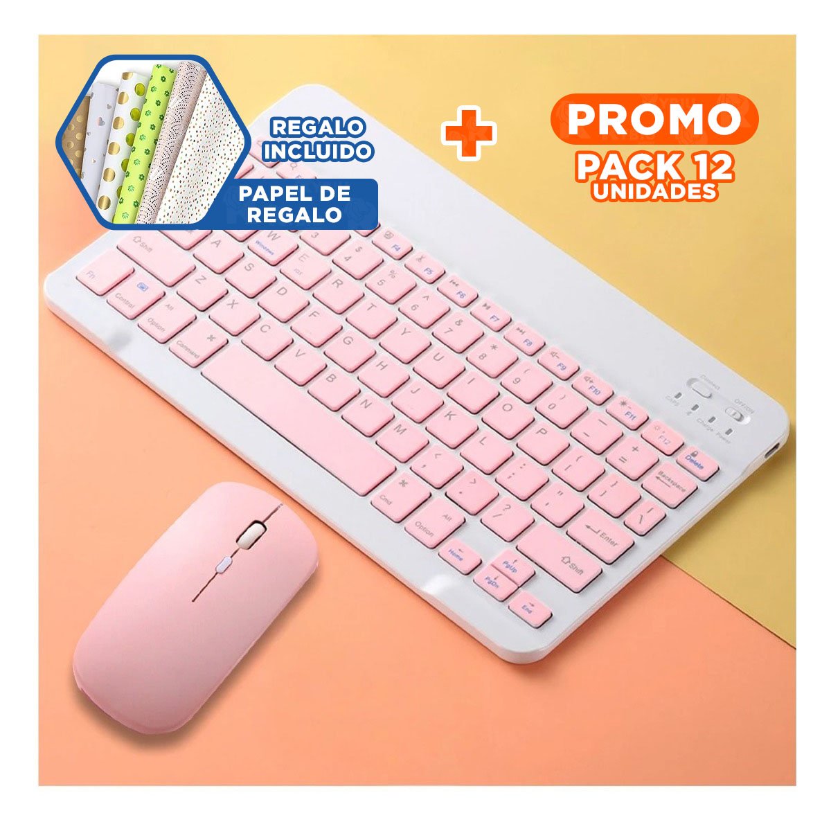 PACK12 ACCESORIO TECLADO INALAMBRICO Y MOUSE ROSADO PORTATIL SALA Y+PAPEL REGALO - 1