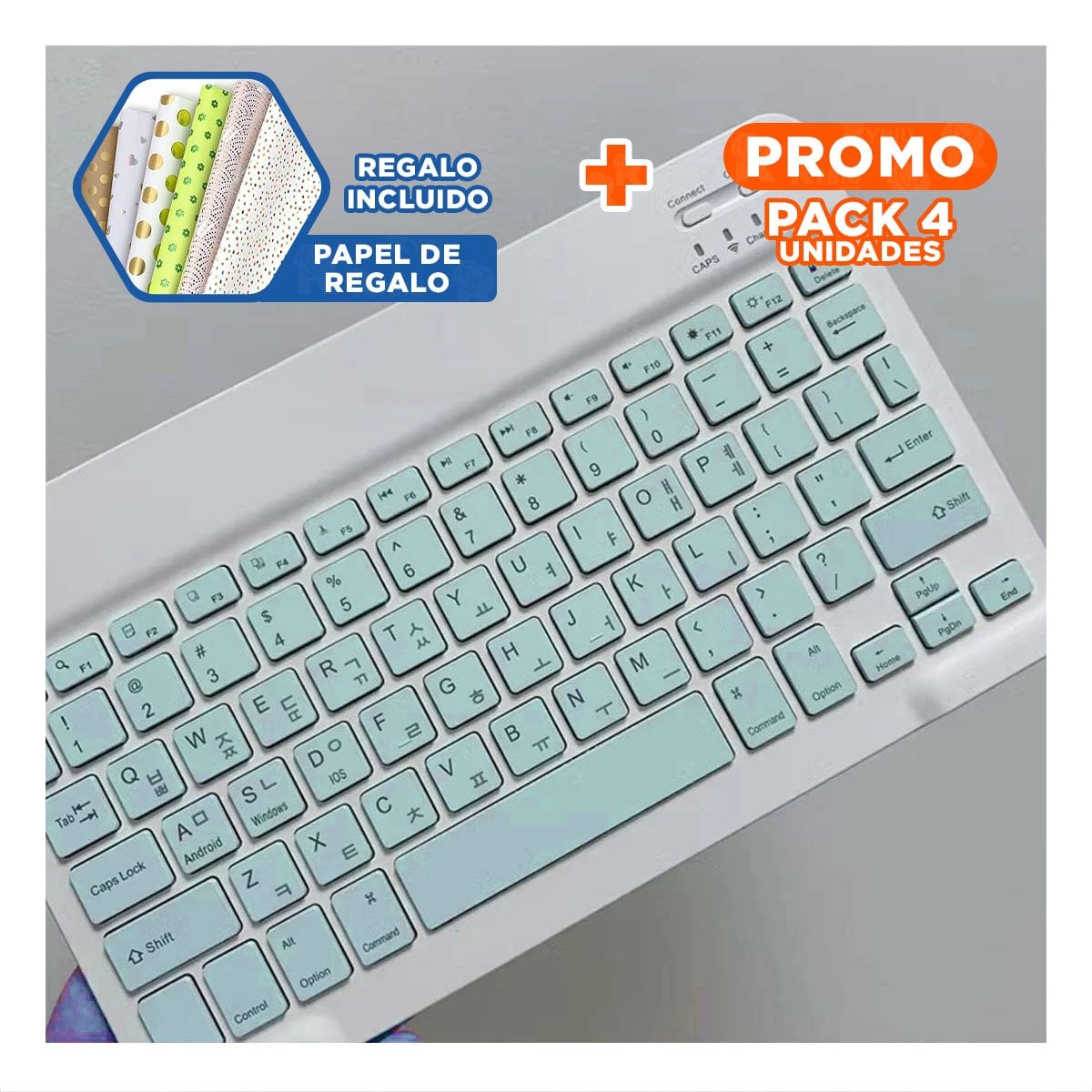PACK4 EQUIPO MOUSE CELESTE Y TECLADO INALAMBRICO PORTATIL POTENTE FUNCIONAL Y+PAPEL REGALO - 1