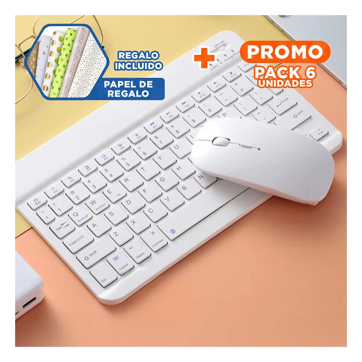PACK6 DISPOSITIVO TECLADO Y MOUSE INALAMBRICO BLANCO PORTATIL USO DIARIO CASA Y+PAPEL REGALO - 1