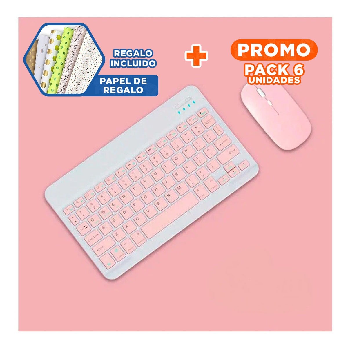 PACK6 DISPOSITIVO TECLADO Y MOUSE ROSADO INALAMBRICO PORTATIL CASA Y+PAPEL REGALO - 1