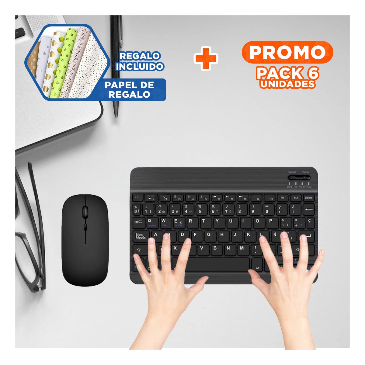 PACK6 DISPOSITIVO TECLADO Y MOUSE NEGRO INALAMBRICO PORTATIL SALA CASA Y+PAPEL REGALO - 1