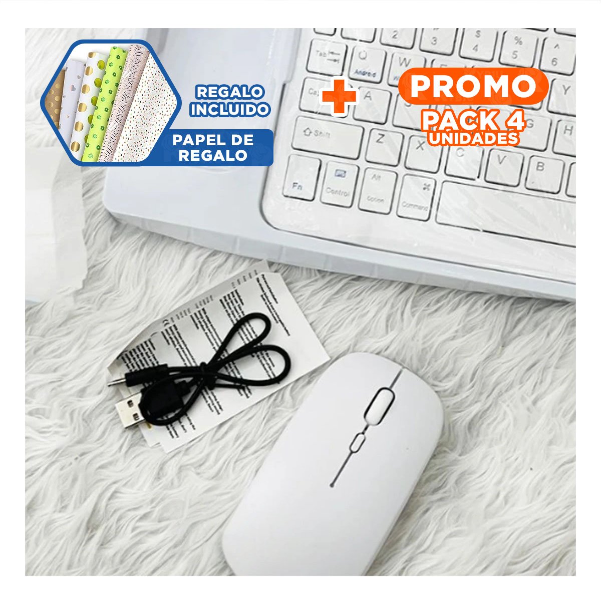 PACK4 DISPOSITIVO TECLADO INALAMBRICO Y MOUSE BLANCO PORTATIL USO DIARIO OFICINA Y+PAPEL REGALO - 1