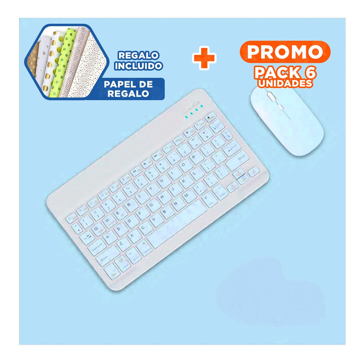 PACK6 EQUIPO PORTATIL MOUSE Y TECLADO CELESTE INALAMBRICO MODERNO LIGERO Y+PAPEL REGALO - 1
