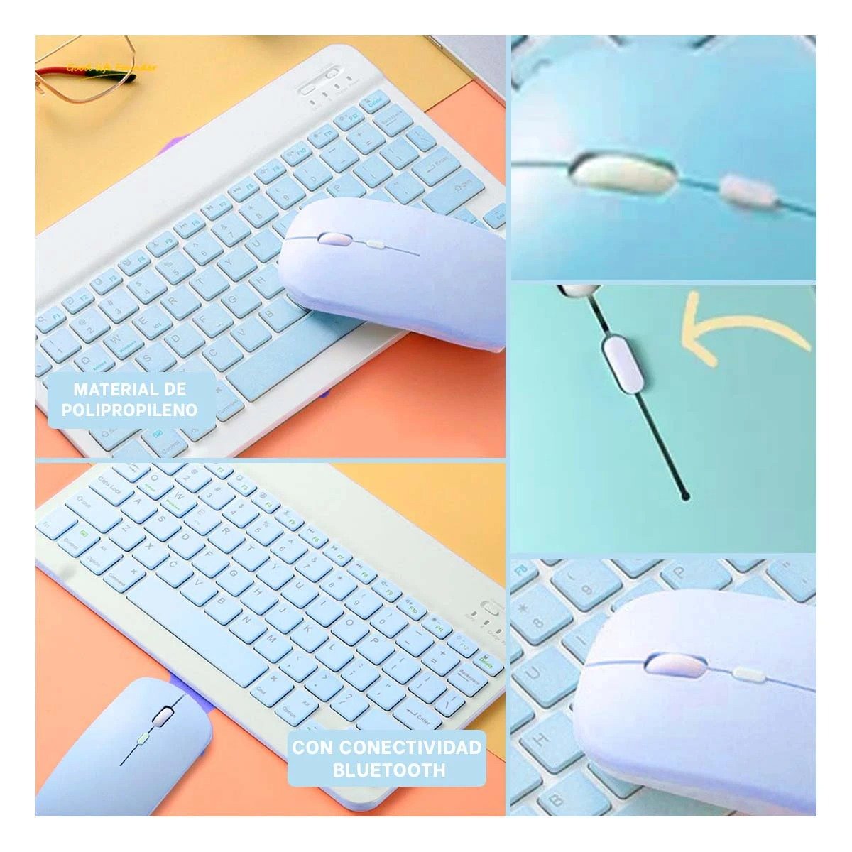 PACK4 EQUIPO TECLADO Y MOUSE CELESTE INALAMBRICO ERGONOMICO MODERNO LIGERO Y+REGALO STICKER - 2