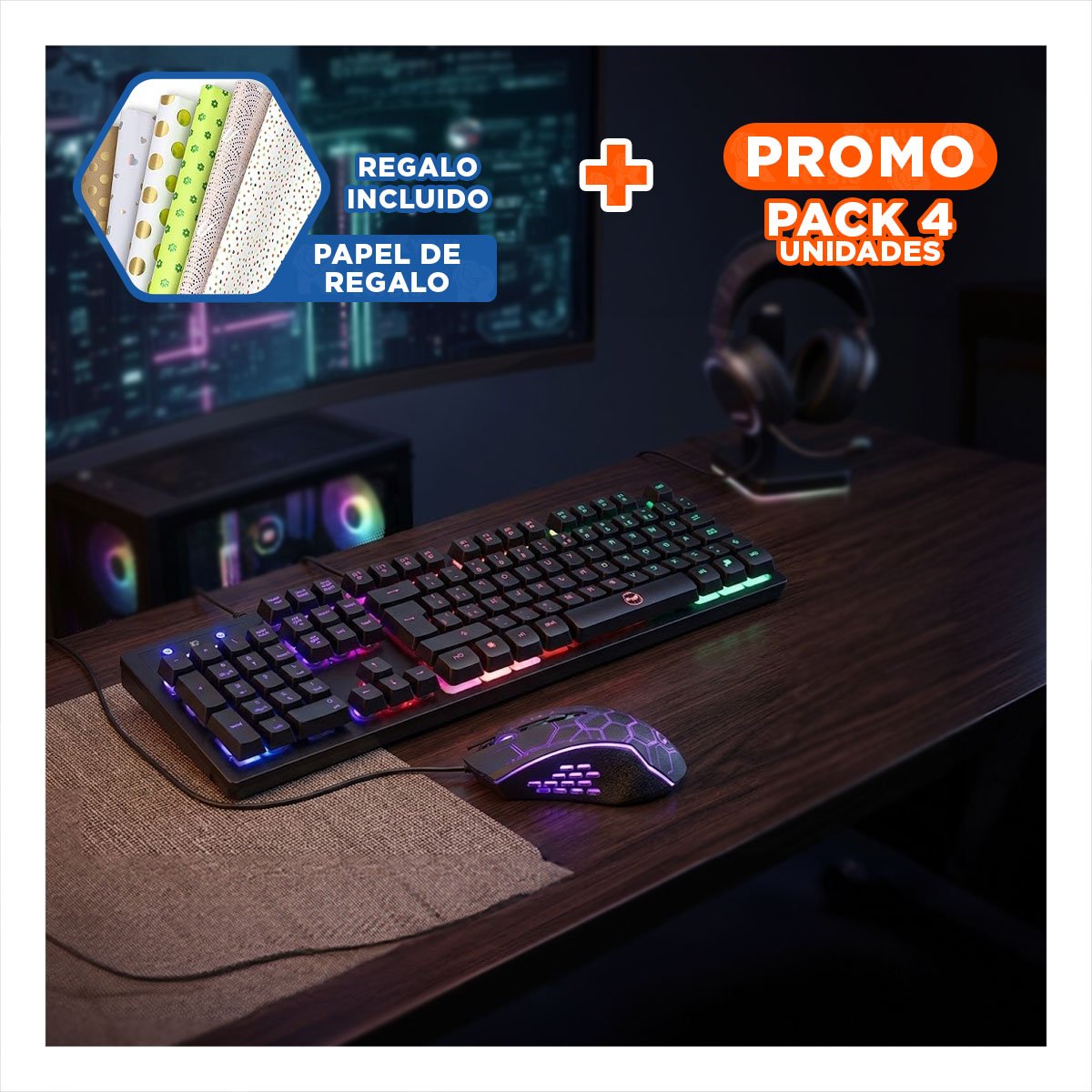PACK4 ESTACION TECLADO Y MOUSE GAMING CON LUCES LIGERO ESTABLE PARA USO DIARIO Y+PAPEL REGALO - 1