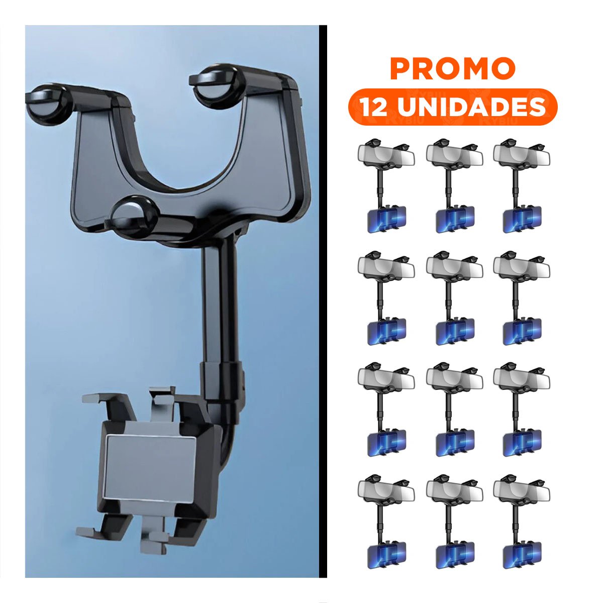 PACK12 PINZA CELULAR RETROVISOR 360 NEGRO MODERNA FUNCIONAL Y SEGURA Y+REGALO STICKER - 1
