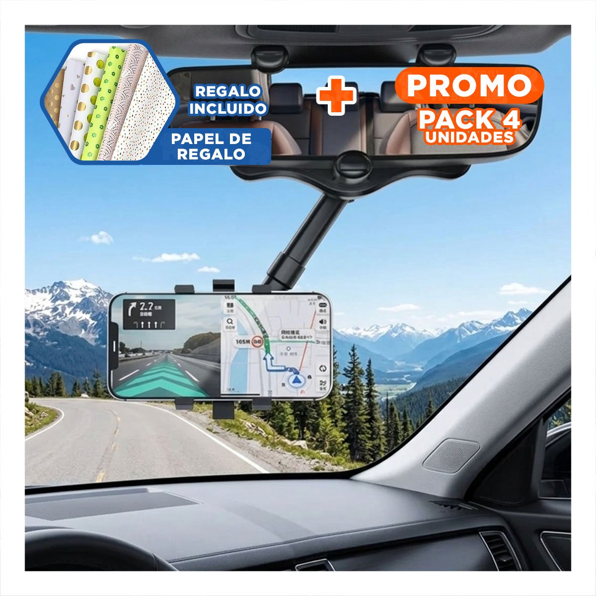 PACK4 MONTAJE PARA CELULAR RETROVISOR 360 NEGRO COMPACTO ESTABLE Y ADAPTABLE Y+PAPEL REGALO - 1