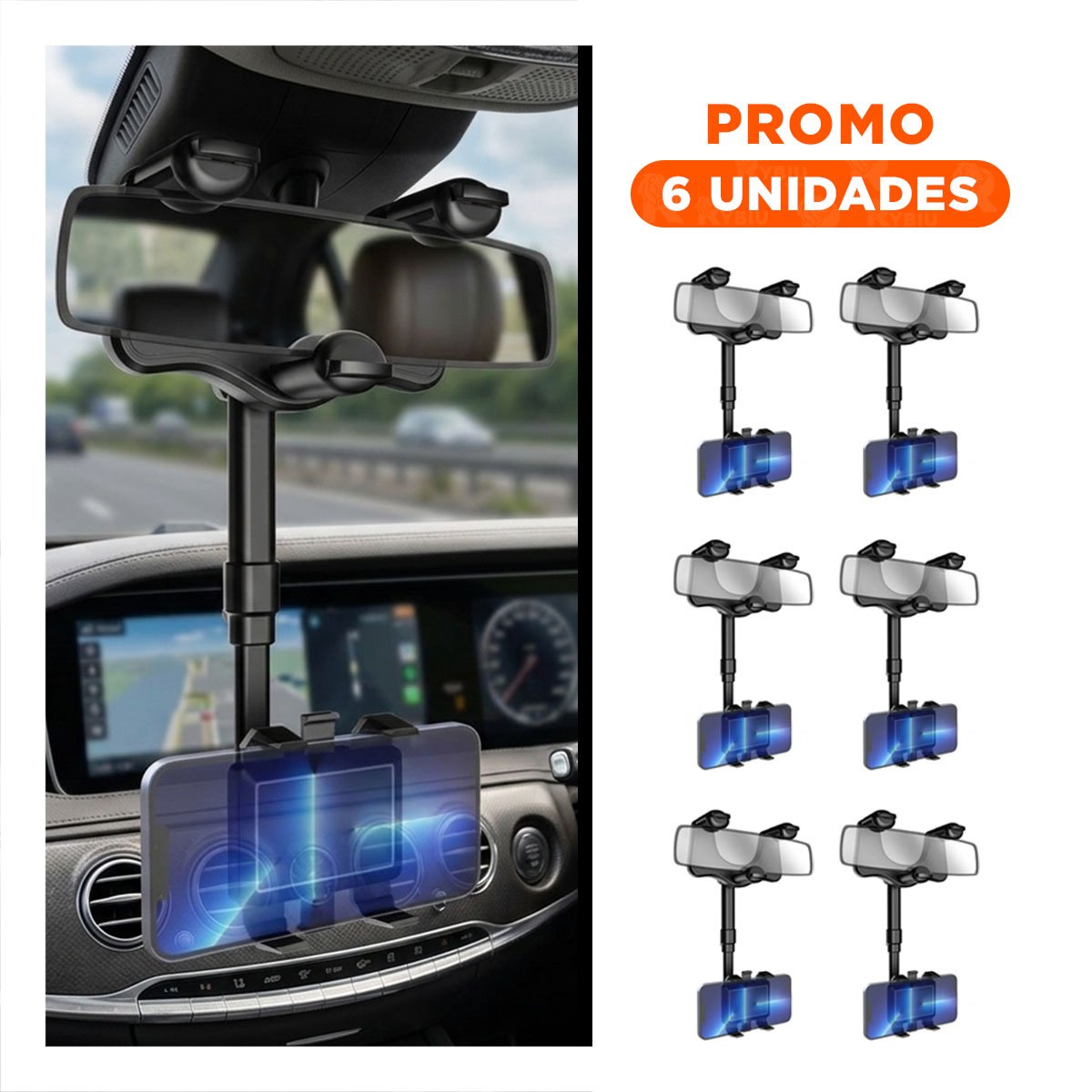 PACK6 MONTAJE CELULAR RETROVISOR 360 NEGRO FUNCIONAL ESTABLE Y VERSATIL - 1