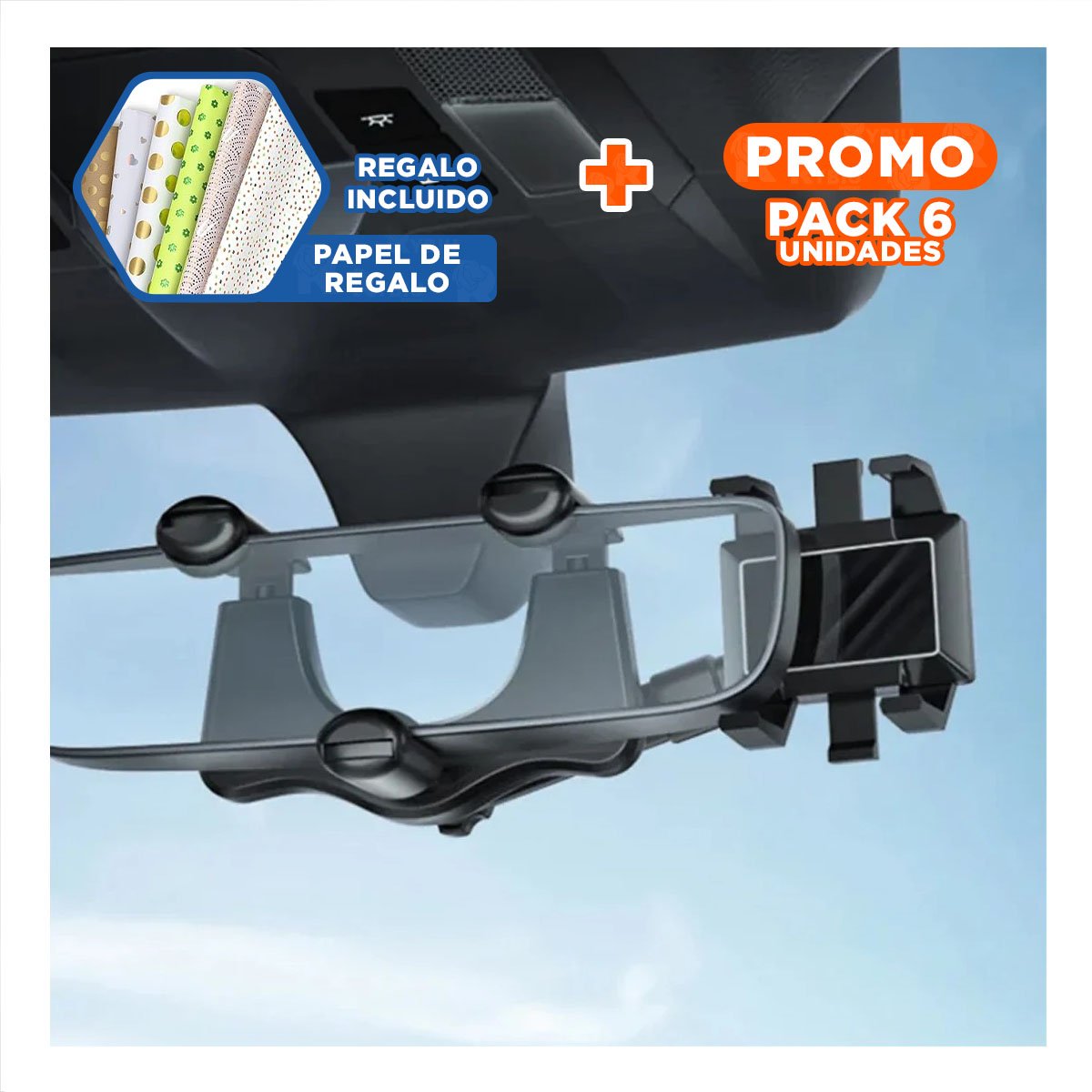 PACK6 MONTAJE PARA CELULAR RETROVISOR 360 NEGRO LIGERA SEGURA Y ADAPTABLE Y+PAPEL REGALO - 1