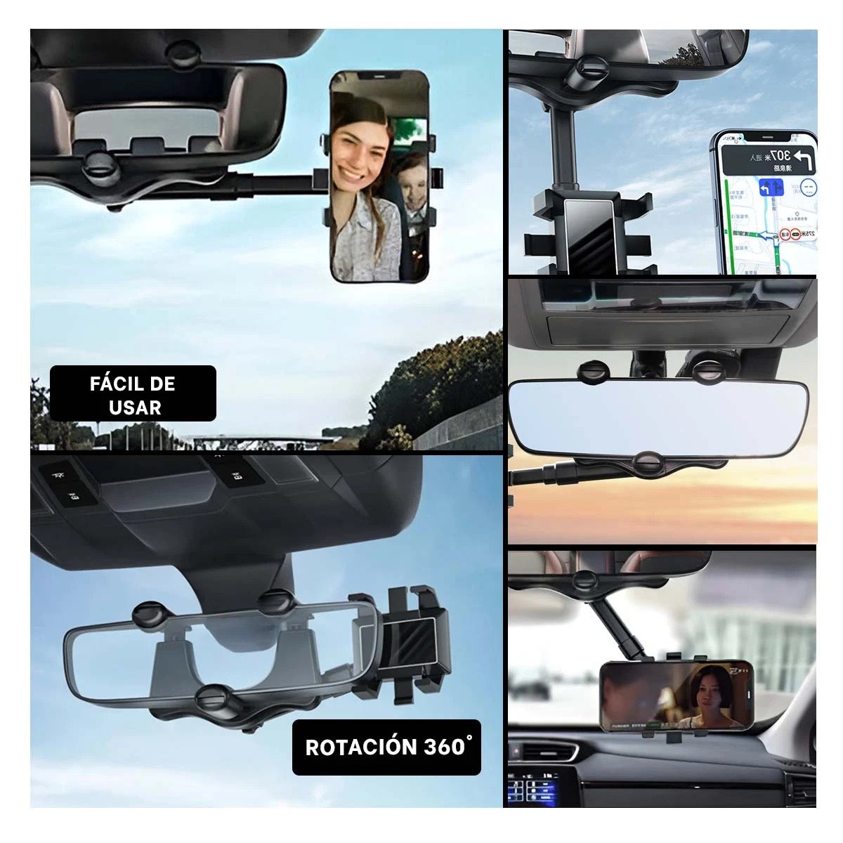 PACK6 MONTAJE PARA CELULAR RETROVISOR 360 NEGRO LIGERA SEGURA Y ADAPTABLE Y+PAPEL REGALO - 3