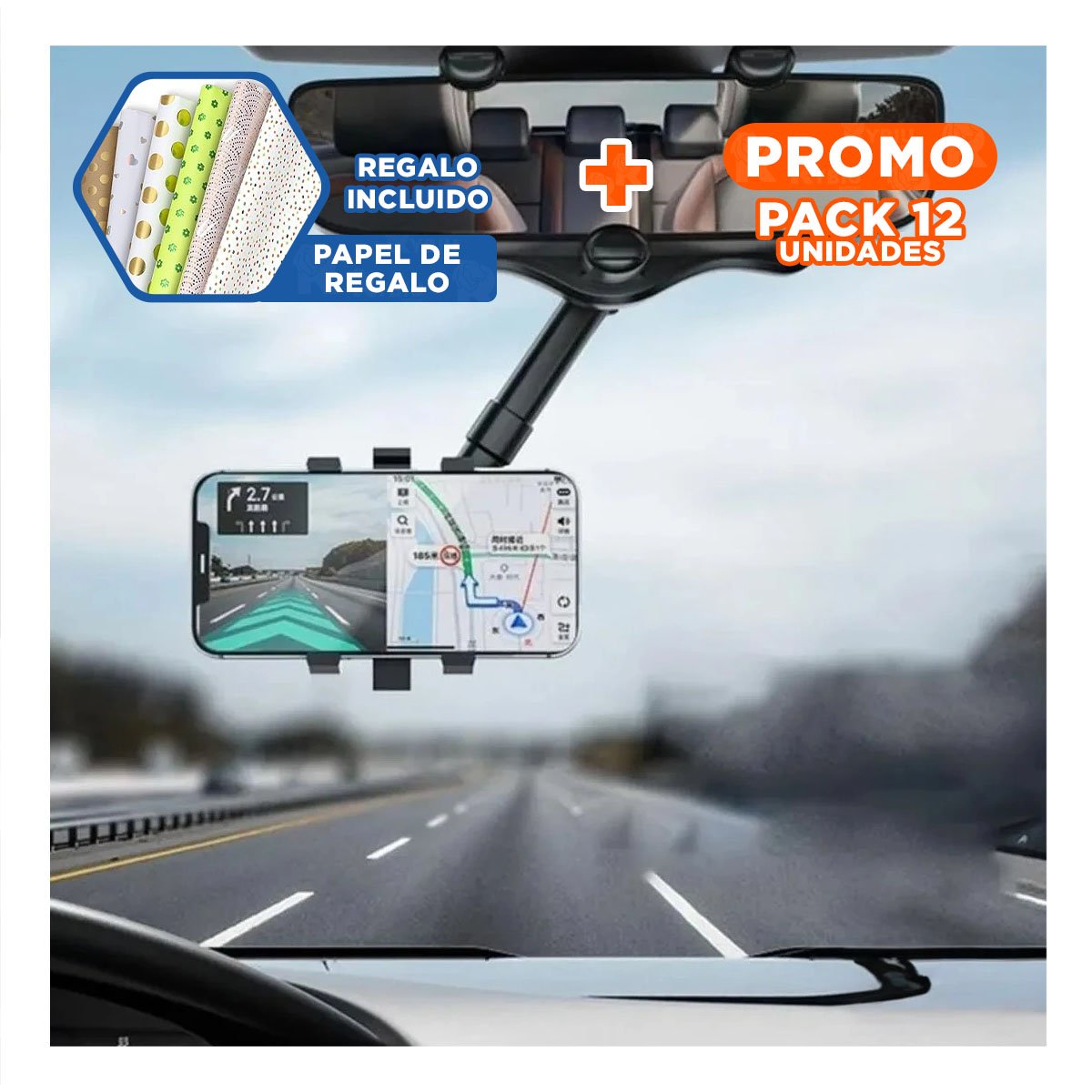PACK12 PINZA UNIVERSAL CELULAR RETROVISOR 360 NEGRO LIGERA ESTABLE Y ADAPTABLE Y+PAPEL REGALO - 1