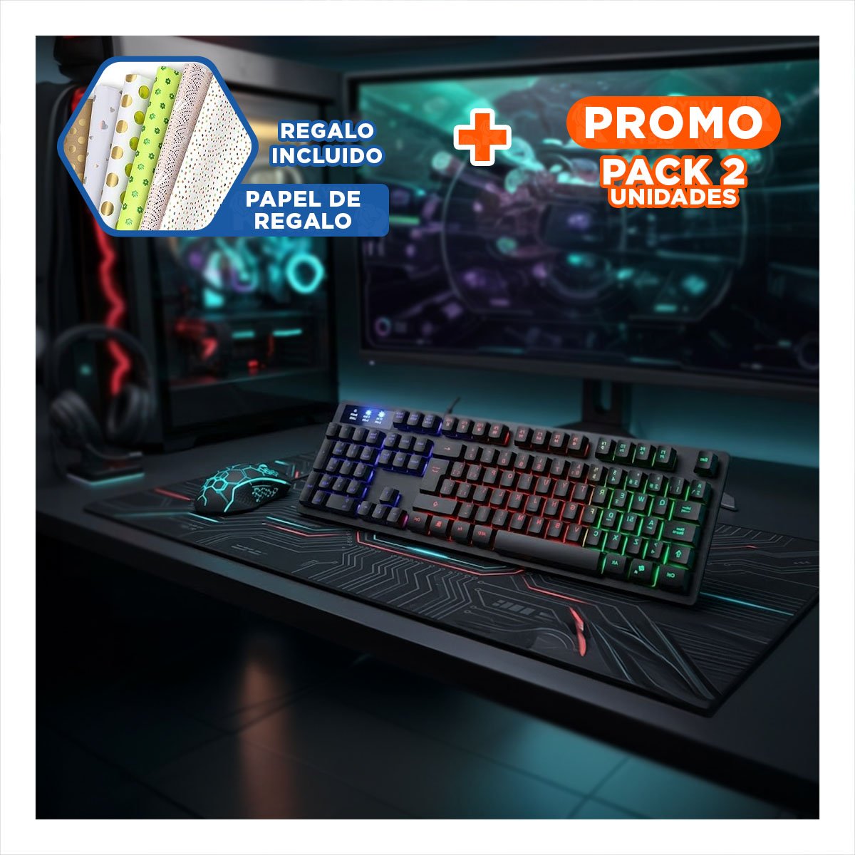PACK2 JUEGO UNIVERSAL TECLADO Y MOUSE GAMING LIGERO VERSATIL RAPIDO Y SEGURO Y+PAPEL REGALO - 1