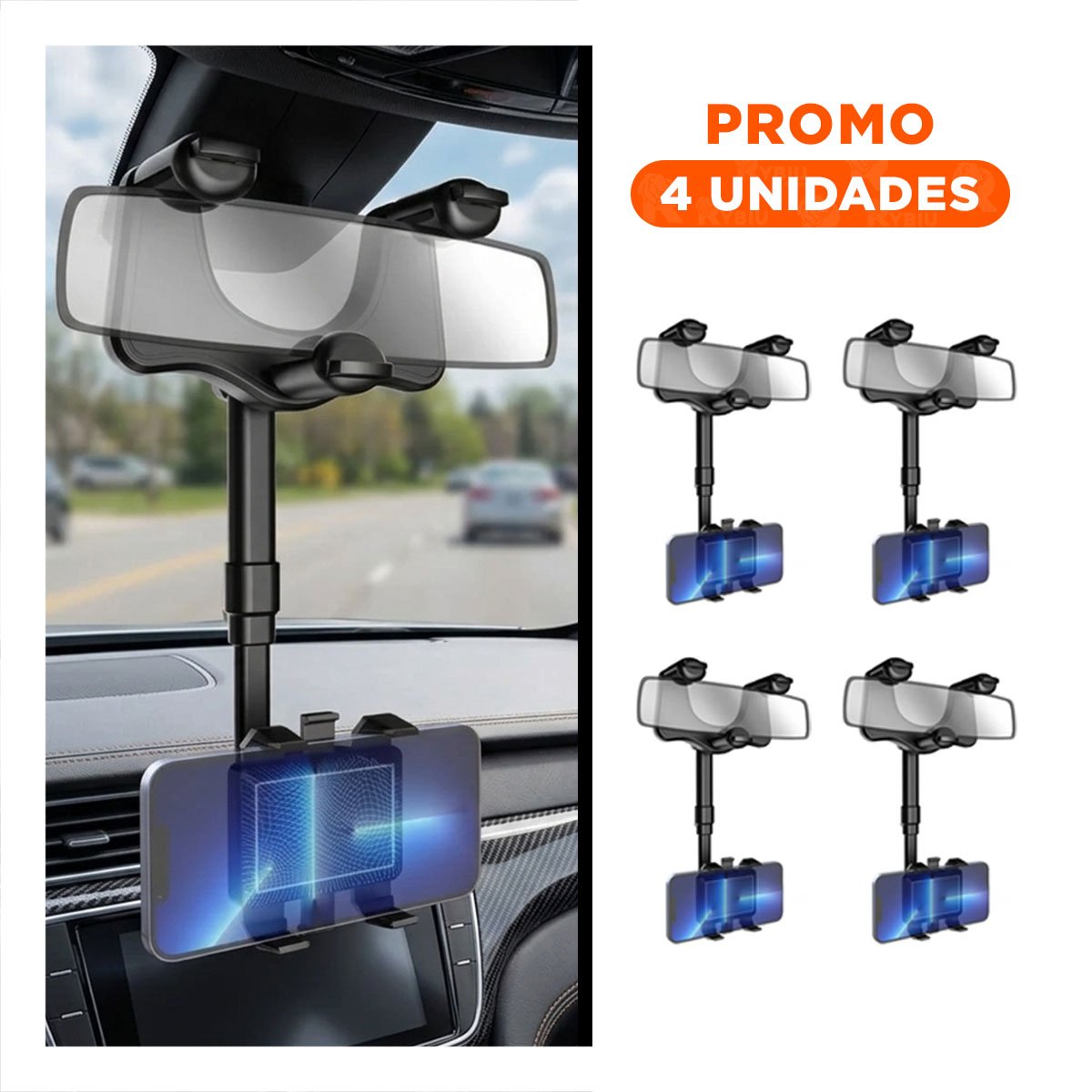 PACK4 MONTAJE UNIVERSAL CELULAR RETROVISOR 360 NEGRO LIGERO MODERNO Y SEGURO Y+REGALO STICKER - 1