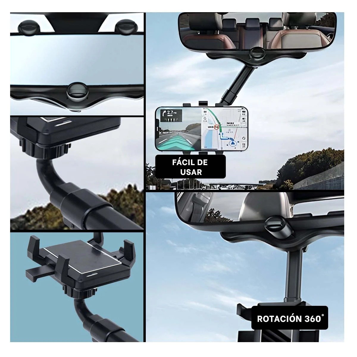 PACK4 MONTAJE UNIVERSAL CELULAR RETROVISOR 360 NEGRO LIGERO MODERNO Y SEGURO Y+REGALO STICKER - 2